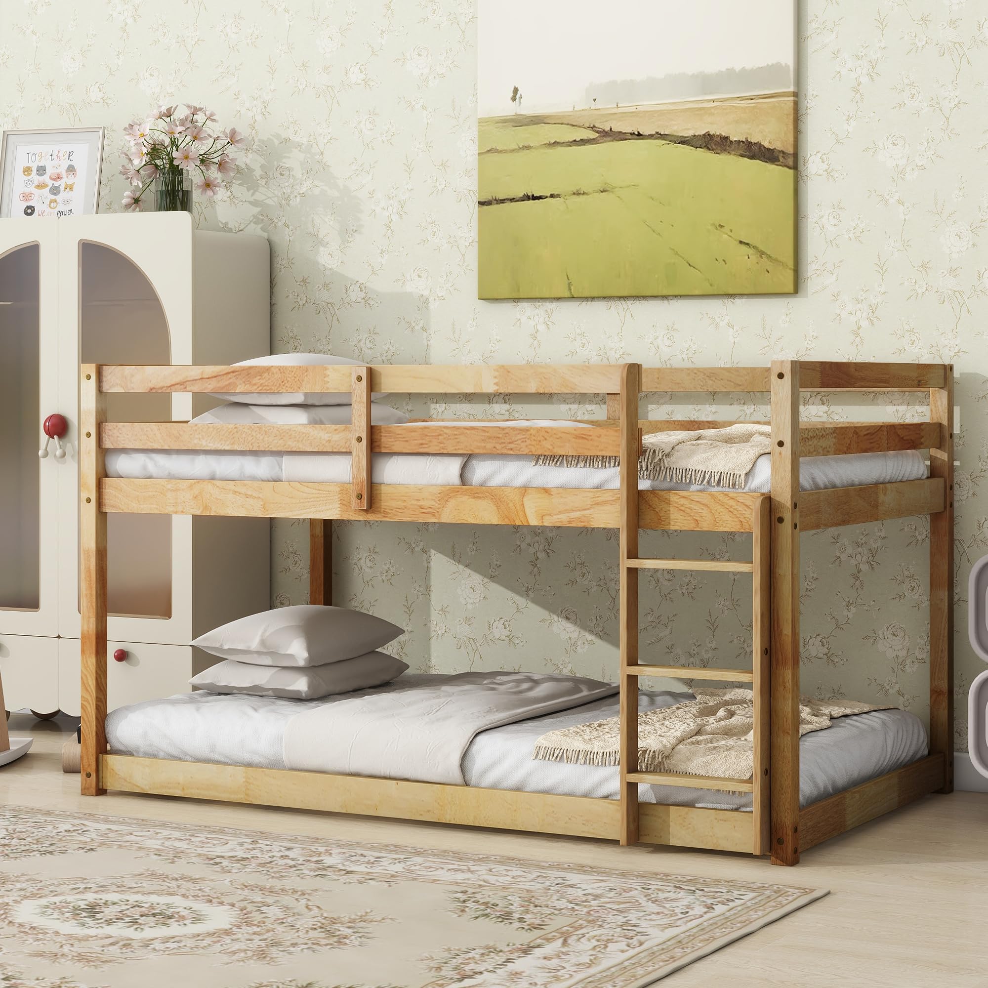 MERITLINE Twin Low Bunk Bed, Solid Rubber Wood Twin Over Twin Bunk Bed Frame with Full Guardrails & Integrated Ladder, Floor Twin Bunk Beds for Kids Boys and Girls, No Box Spring Needed, Natural