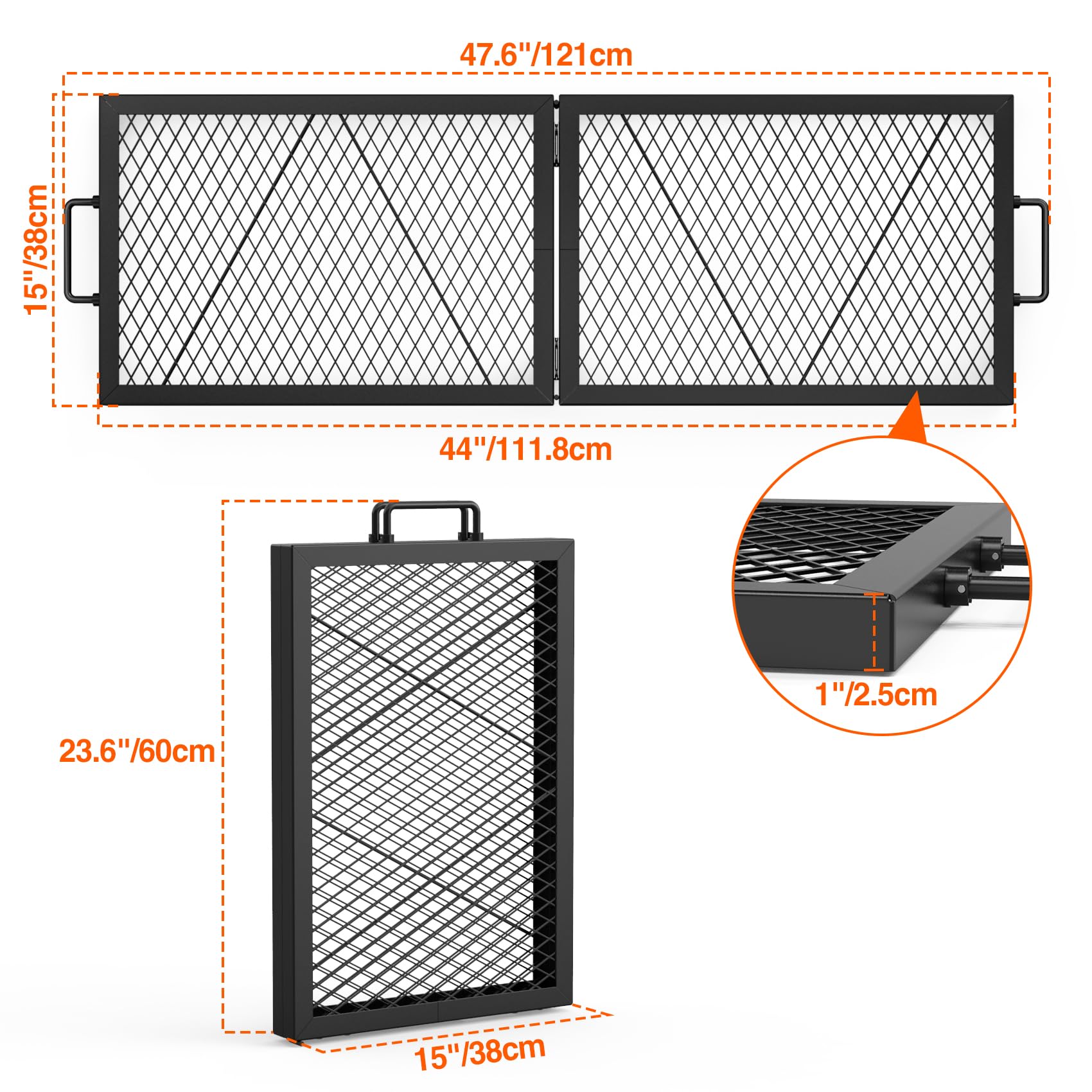 Only Fire, griglia pieghevole X-Marks, griglia rettangolare portatile per falò, con manici, in acciaio resistente, per esterni, 111,8 cm
