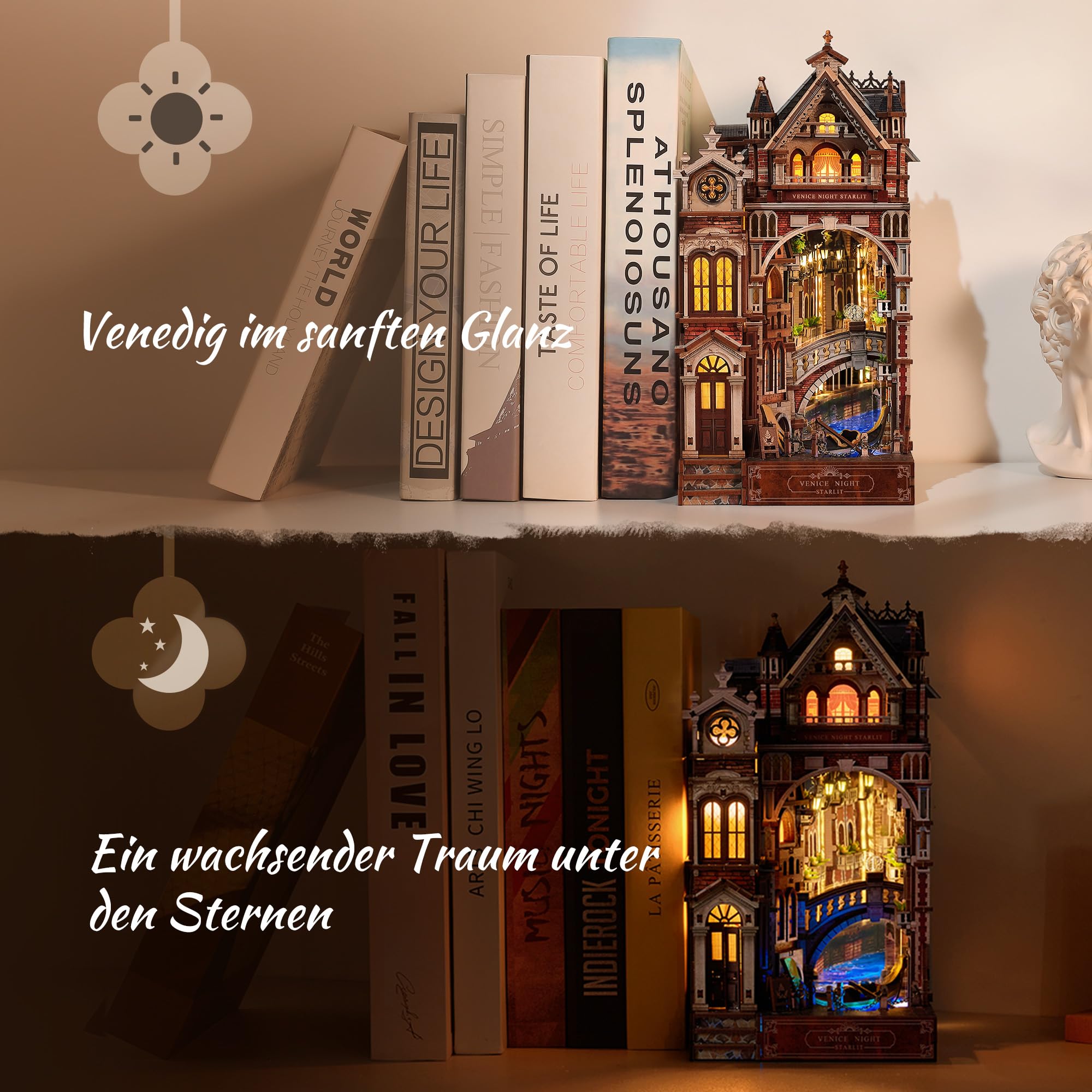 FUNPOLA Venice Night Starlit Book Nook Kit – LED 3D Holzpuzzle mit Infinity-Spiegel – DIY Bücherregal-Dekoration, Miniatur-Bastelgeschenk für Kinder und Erwachsene (Venedigs Sternennacht)