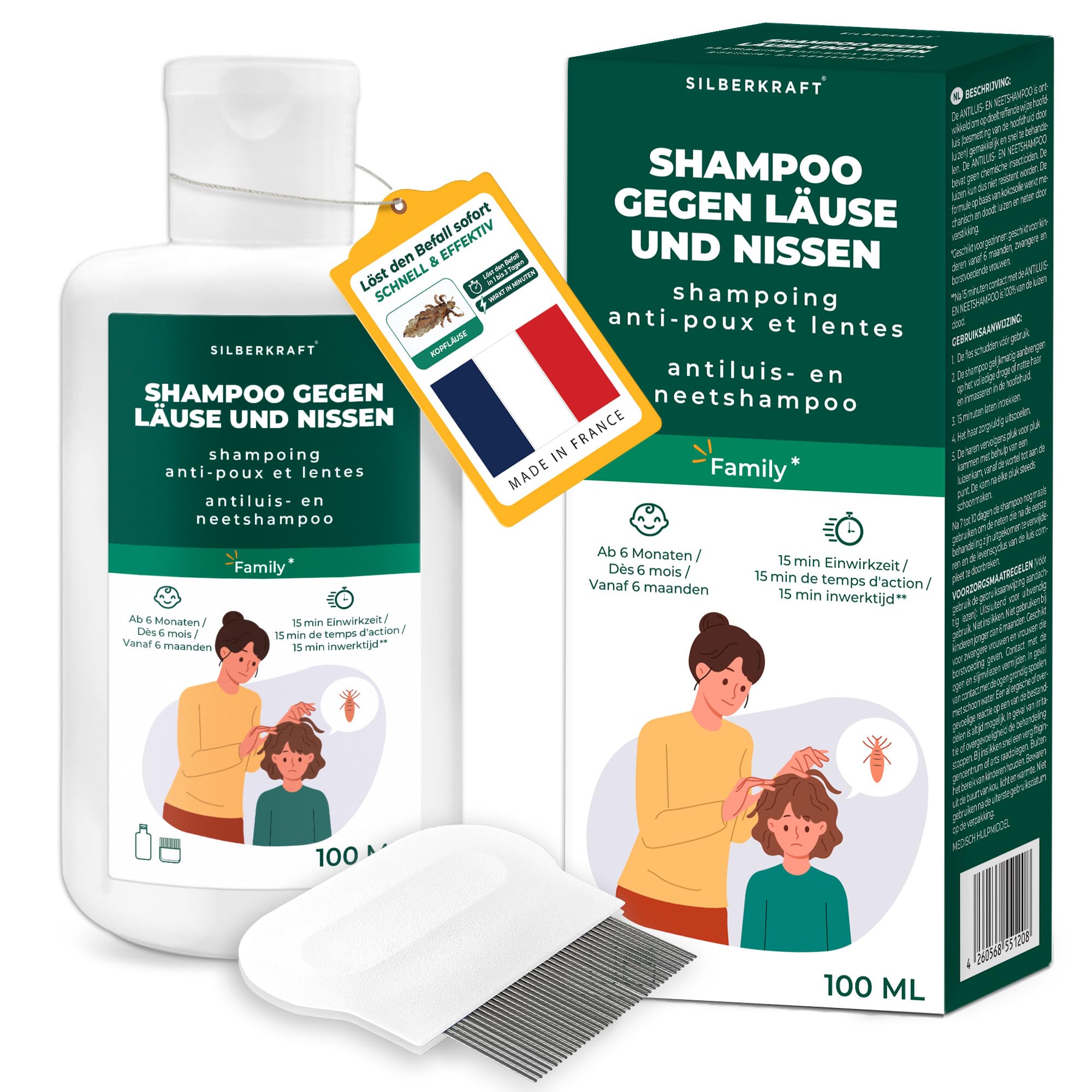 Silberkraft Shampoo gegen Läuse und Nissen Family, Medizinprodukt ab 6 Monate, mit Nissenkamm, 15 Min Einwirkzeit, für Kinder & Erwachsene, 100 ml