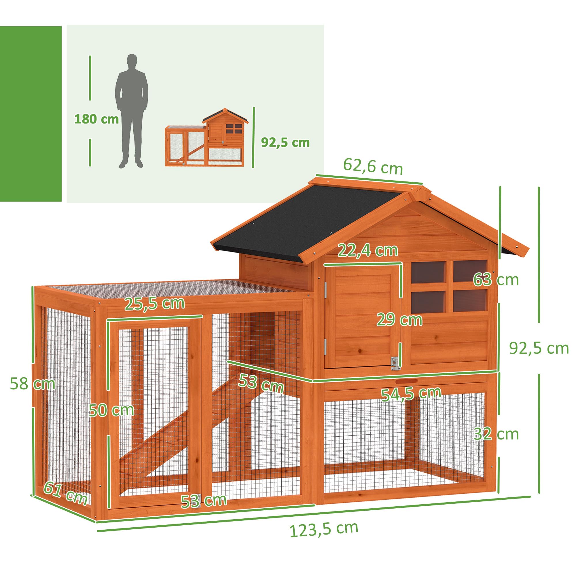 PawHut Conejera de madera de 2 niveles, 123,5 x 62,6 x 92,5 cm, con tejado de betún impermeable, rampa, puerta, jaula para conejos, pollos, patos, exteriores, color naranja