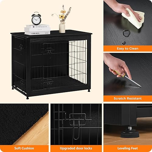 Vista 82 de DWANTON Mueble de jaula para perros con cojín, caja de madera para perros con puertas dobles, muebles para perros, perrera de interior, mesa Negro