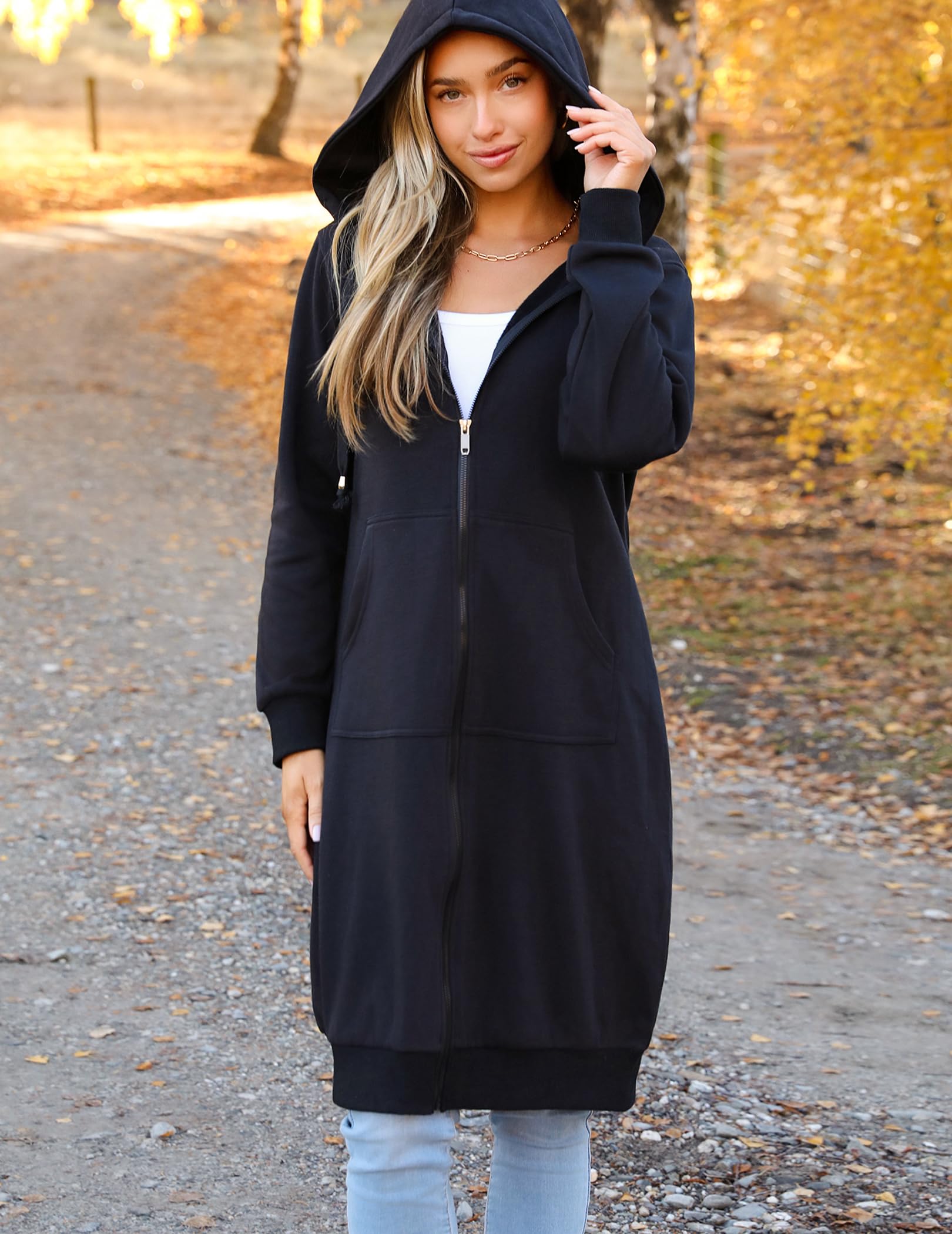 Zeagoo Felpe con cappuccio da donna con zip oversize in pile felpe a tunica lunga casual a maniche lunghe 2024 autunno giacca con cappuccio cappotto, nero, XXX-Large