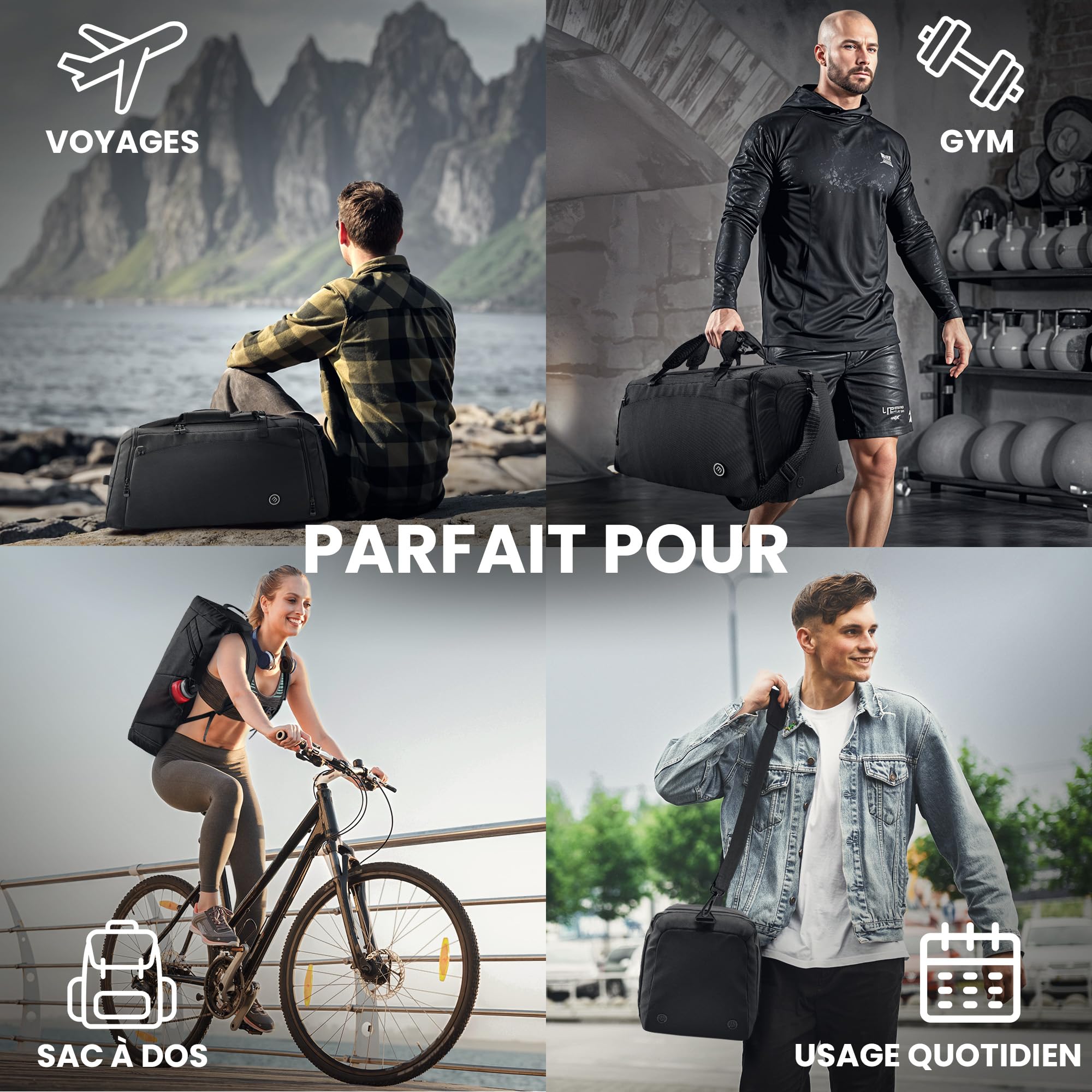 bemaxx Sac de Sport Homme Femme Sac de Voyage avec Compartiment à Chaussures, Compartiment Humide | 40/60L avec Fonction Sac à Dos, 30/50L Sac d'entraînement Sac de Fitness Gym Bagage à Main