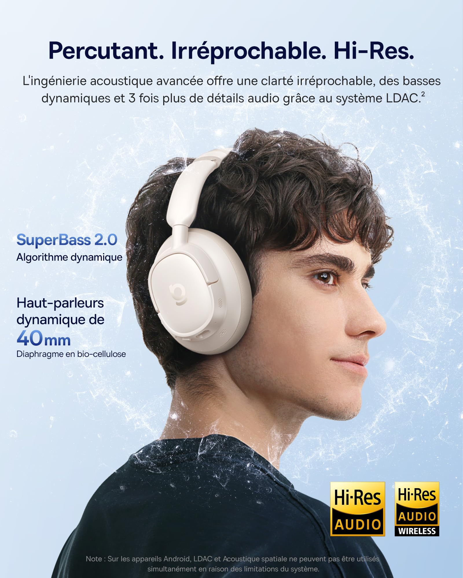 Baseus EH10 NC Casque Bluetooth avec Réduction de Bruit Hybride Active -45 DB, Casque Circum-Aural Hi-Res & Audio LDAC avec 5 Micros à IA, 80 h d’Autonomie, Bluetooth 6.0 - Blanc Lumière d’Étoile