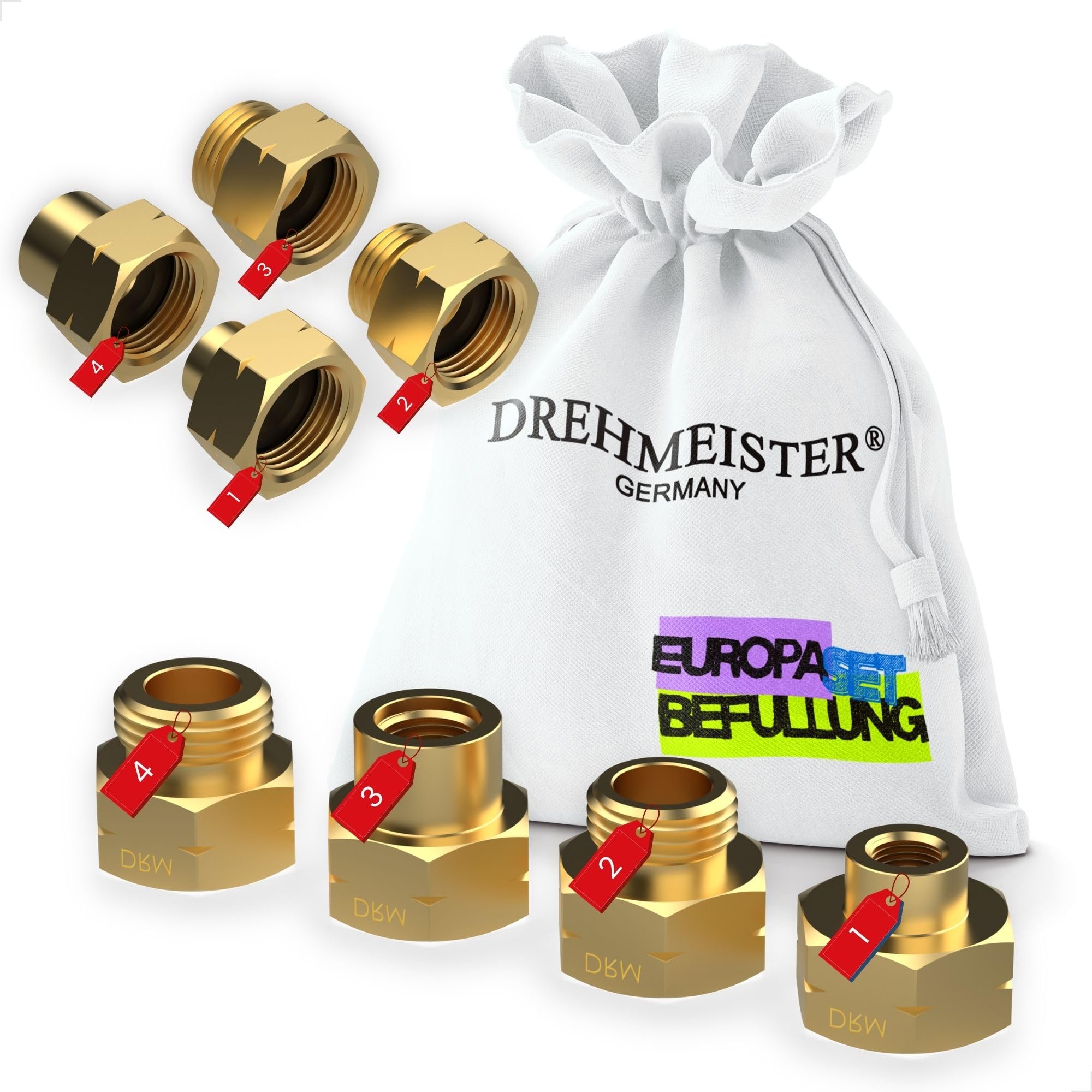 Gasflaschen Adapter Set Europa Befüllung - 4 Adapter aus Messing für deutsche Gasflaschen G.12 KLF - Anschluss ausländischer Regler und Schläuche