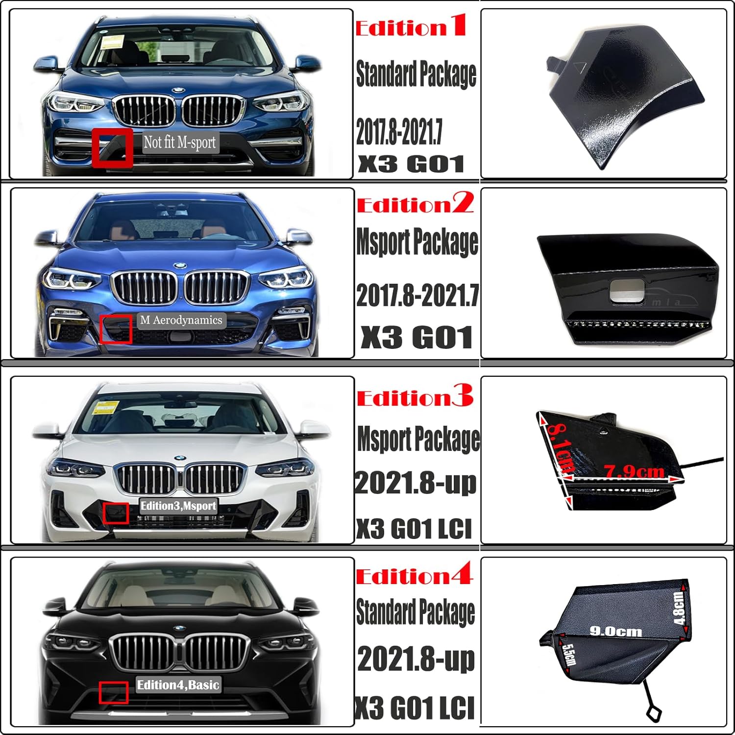 Front Tow Cover for BMW X3 G01LCI Msport Fit 18d 20dX 20i 20iX 25dX 30dX 30eX 30iX M40i xDrive sDrive 2022 2023 SAV Bumper Towing Hook Eye Cap