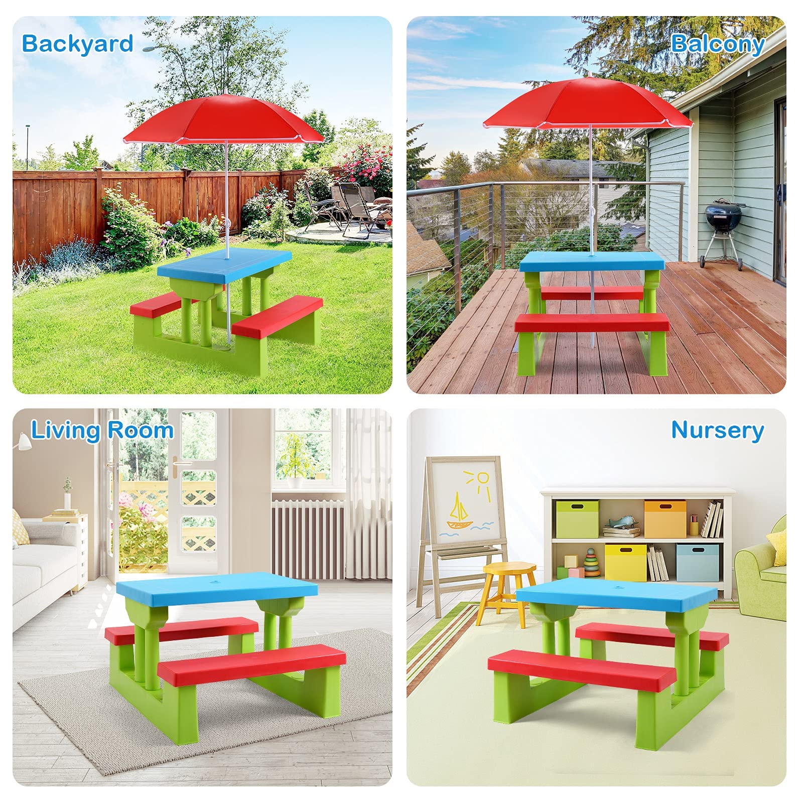 GIANTEX Table de Pique-Nique pour Enfants, Ensemble de Table et Chaises avec Pare-Soleil Amovible,Ensemble Salon de Jardin pour Enfants de Plus de 3 Ans, pour Jardin, Terrasse, Parc(Bleu+Vert+Rouge)