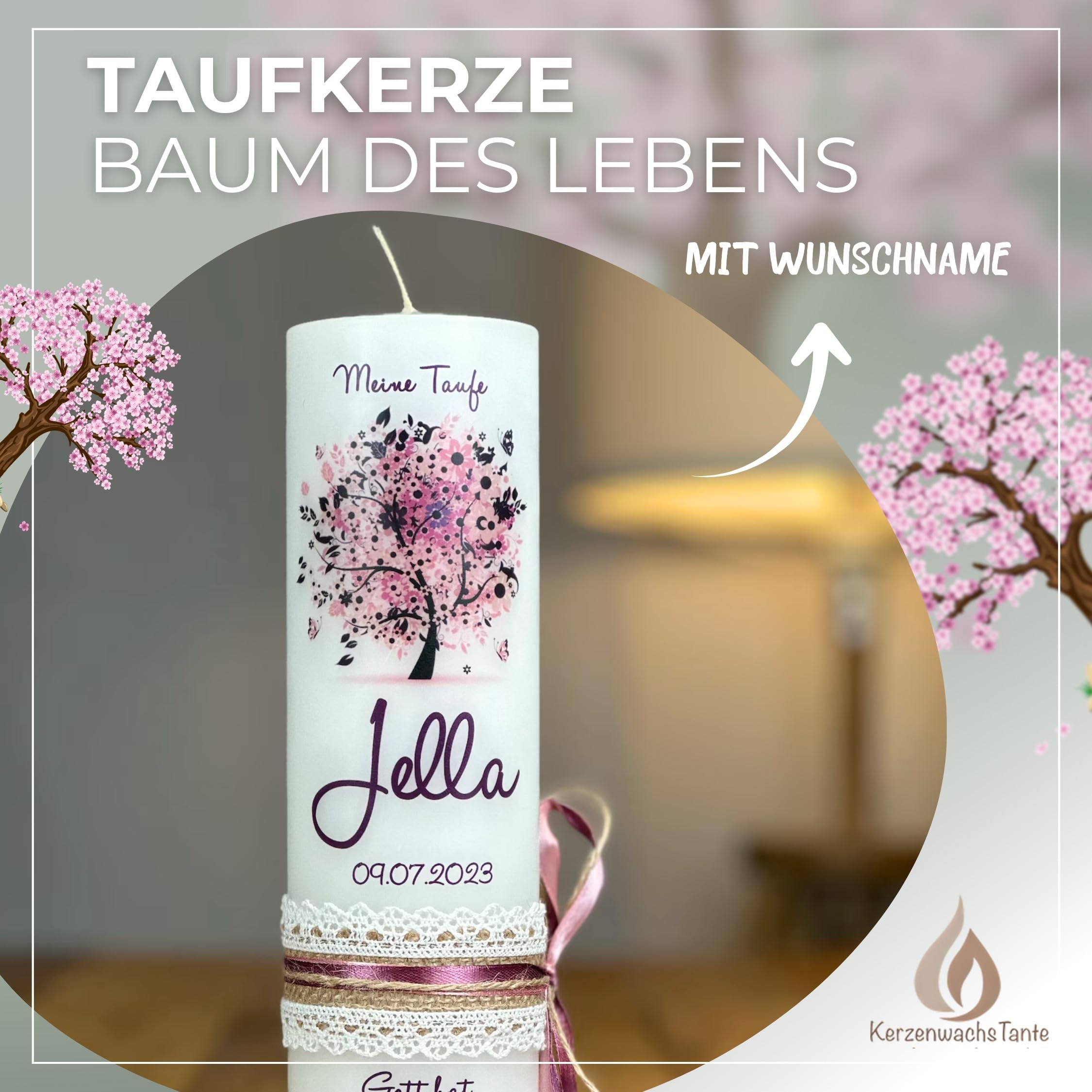 KERZENWACHSTANTE® Taufkerze "Baum des Lebens" u. Bibelmotiv 25x8 cm - Mit Wunschnamen - Geschenk zur Taufe für Jungen & Mädchen – Handarbeit mit Vintage Spitze & Schleife in pflaume-rosa
