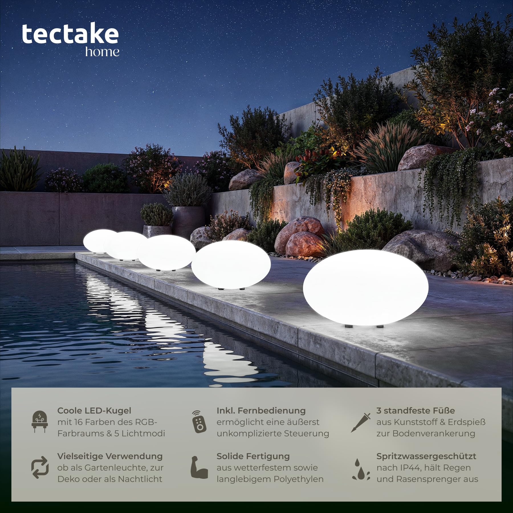 tectake® LED Kugelleuchte, Ø 35 x 21,5 cm, outdoor Lampe, Deko Garten, Beleuchtung Garten oder Nachttischlampe, LED Tischlampe, Deko Wohnzimmer, Balkon Deko, Wegeleuchten außen, Außenleuchte- Size M