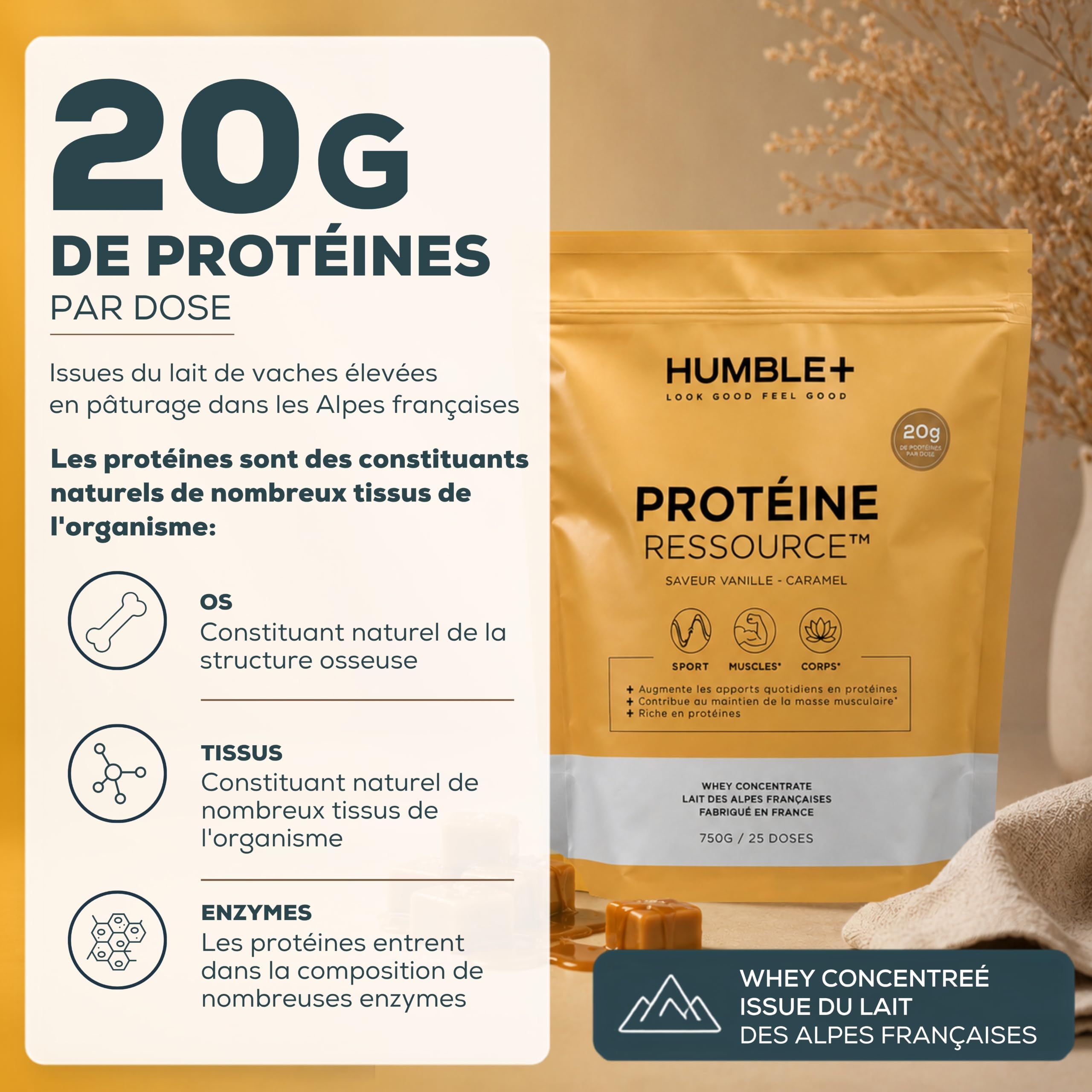 HUMBLE+ Protéine Ressource Whey Vanille-Caramel 750 g - France - 25 Doses | Concentré de Lactosérum du Lait des Alpes - Arômes Naturels, Onctueux, Riche en Apport - pour le Sport - Marque Française