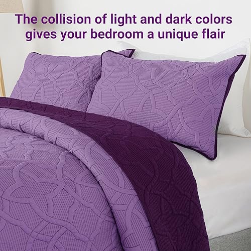 Miniatura 3 de Rosecret Juego de edredones de algodón tamaño King, reversible, color morado oscuro, resistente a las arrugas y a la decoloración, colcha geométrica