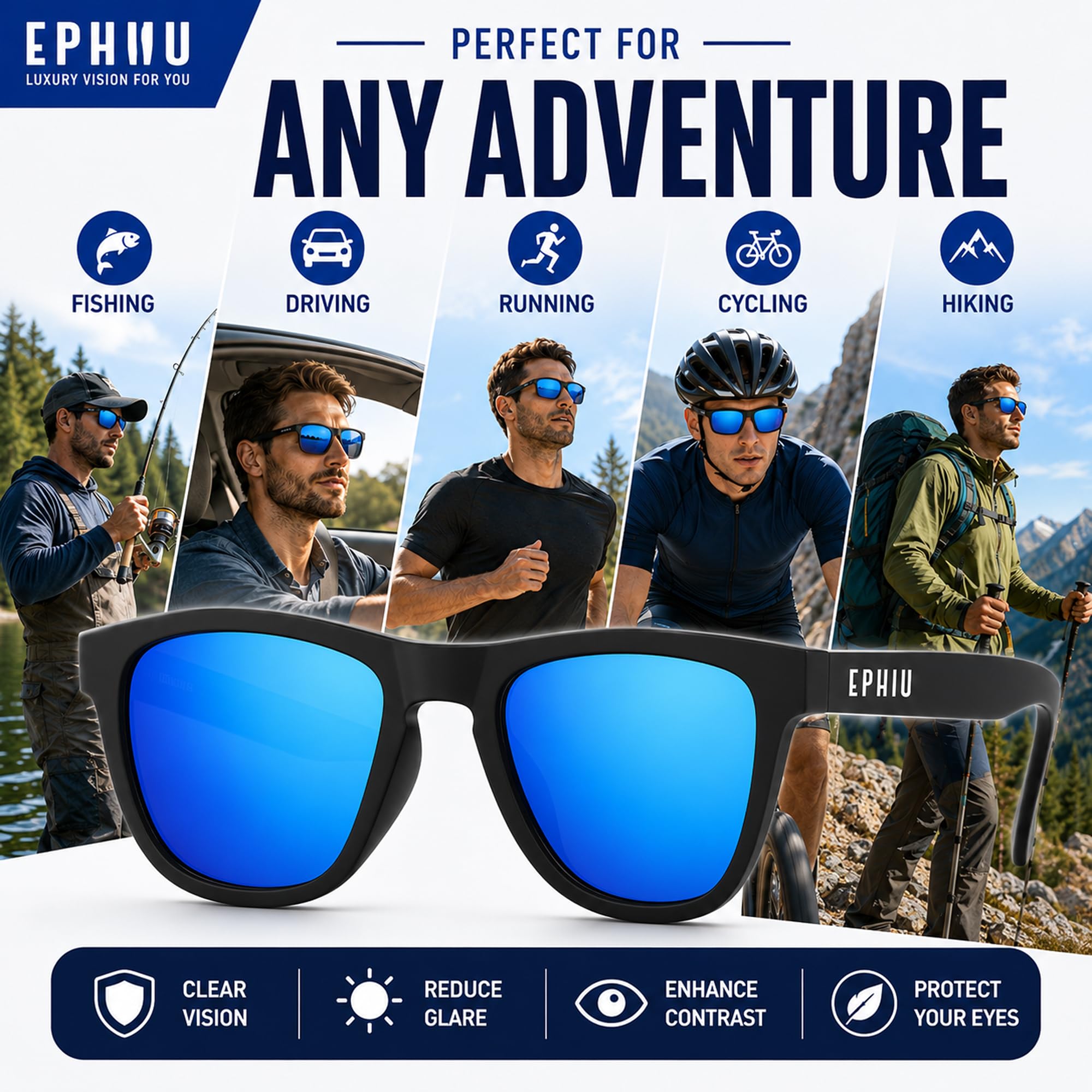 EPHIU Lentes de sol deportivos polarizados para hombres y mujeres, lentes de espejo para correr, senderismo, ciclismo (sin rebote, antideslizantes, cuadrados), Negro/Azul, Medium