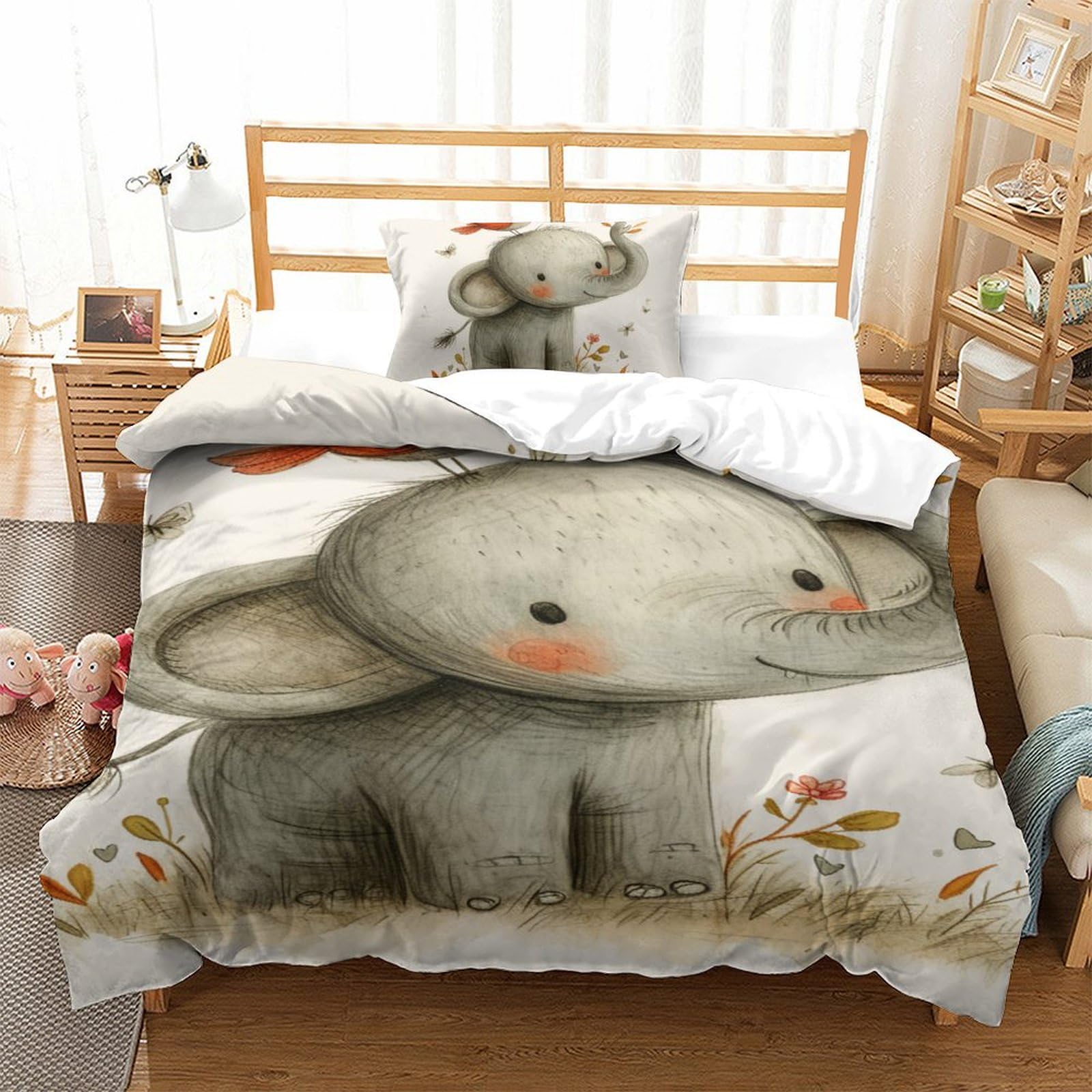 Housse de couette élephant et fourmi 135x200 microfibre avec taie d'oreiller