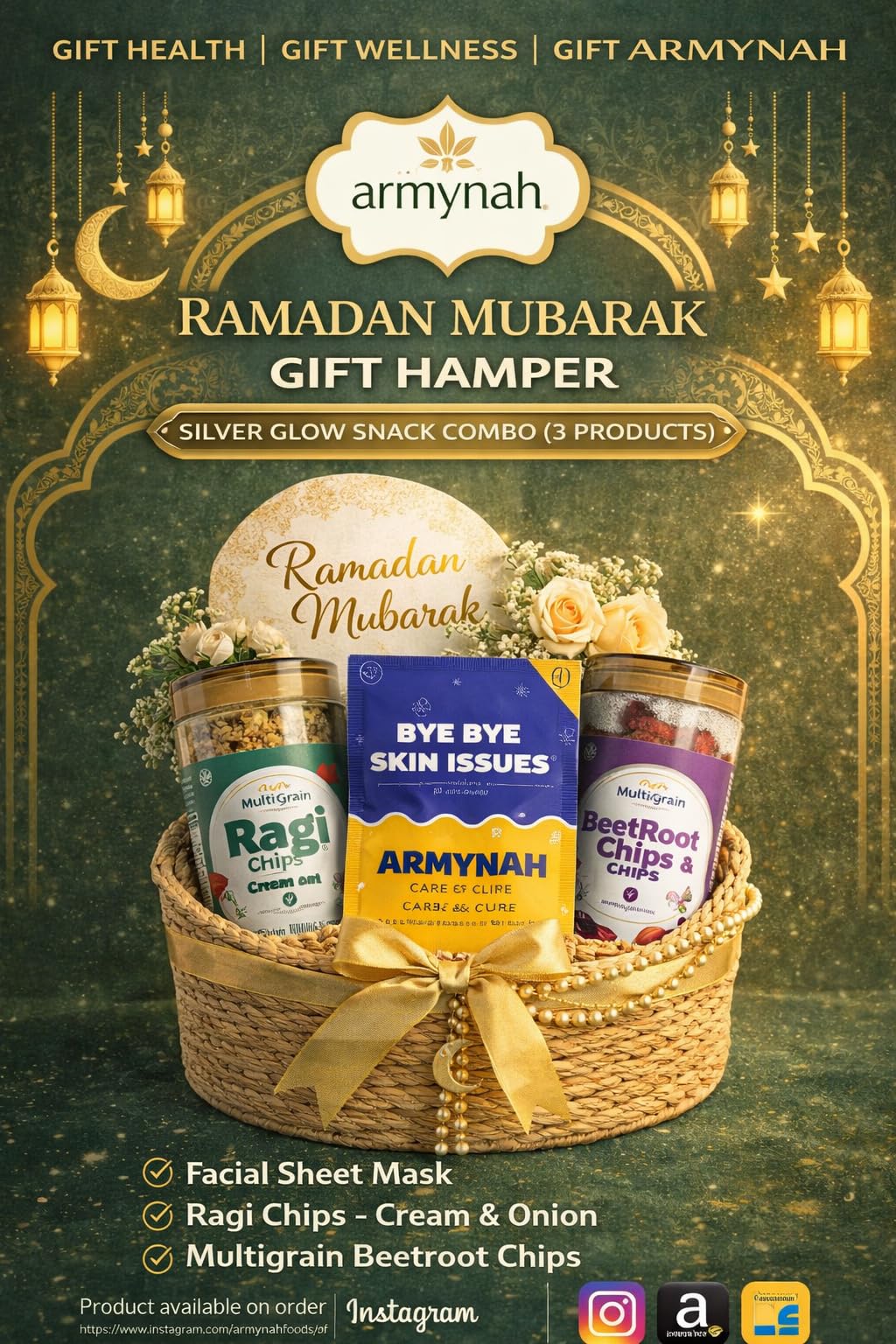 Armynah Ramadan Mubarak Gift Hamper – Silver Glow Snack Combo (3 Items) – Ragi Chips Cream & Onion, Multigrain Beetroot Chips & Facial Sheet Mask – Festive Gift Basket