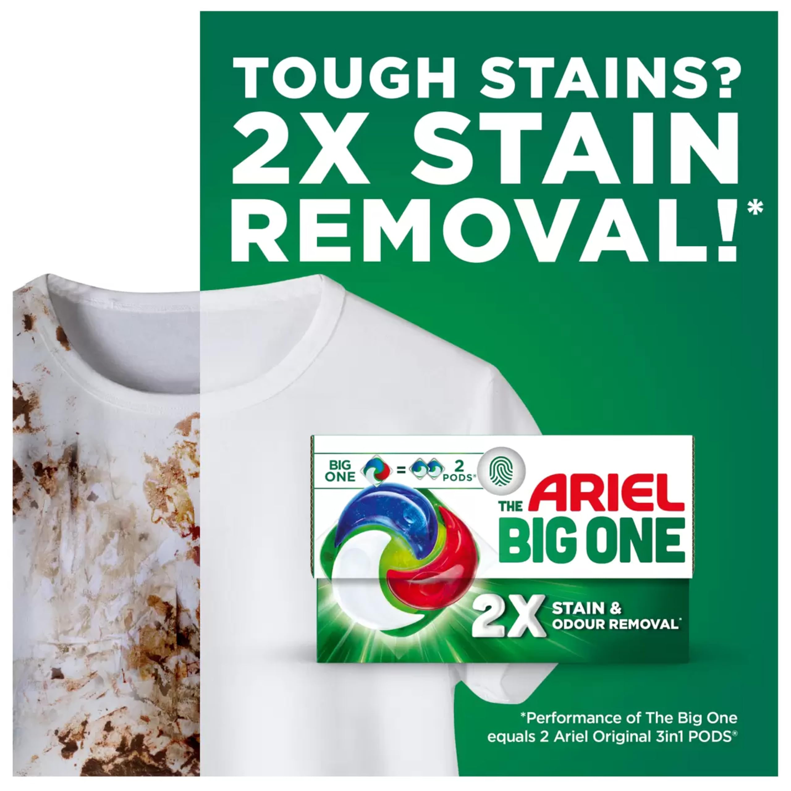 Ariel The Big One PODS - Cápsulas de detergente líquido para lavar ropa, 23 x 3 lavados, original, 2 veces más eliminación de manchas y olores, disolución rápida incluso en frío
