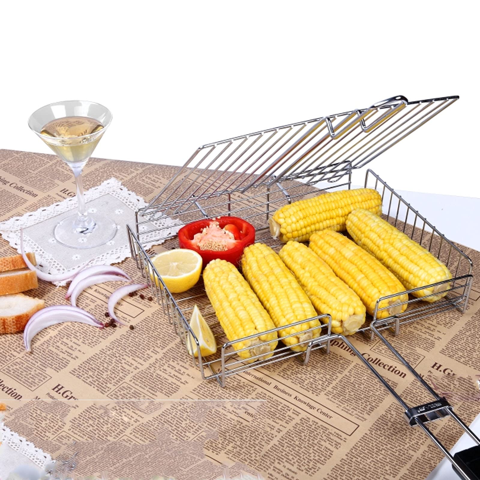 Portable BBQ Griglie da Barbecue in Pentole Barbecue in Acciaio Inox Antiaderente Barbecue Grill Basket Tools Grill Mesh per Pesce, Verdure,Bistecca, gamberetti(67.5x31x5.7cm)