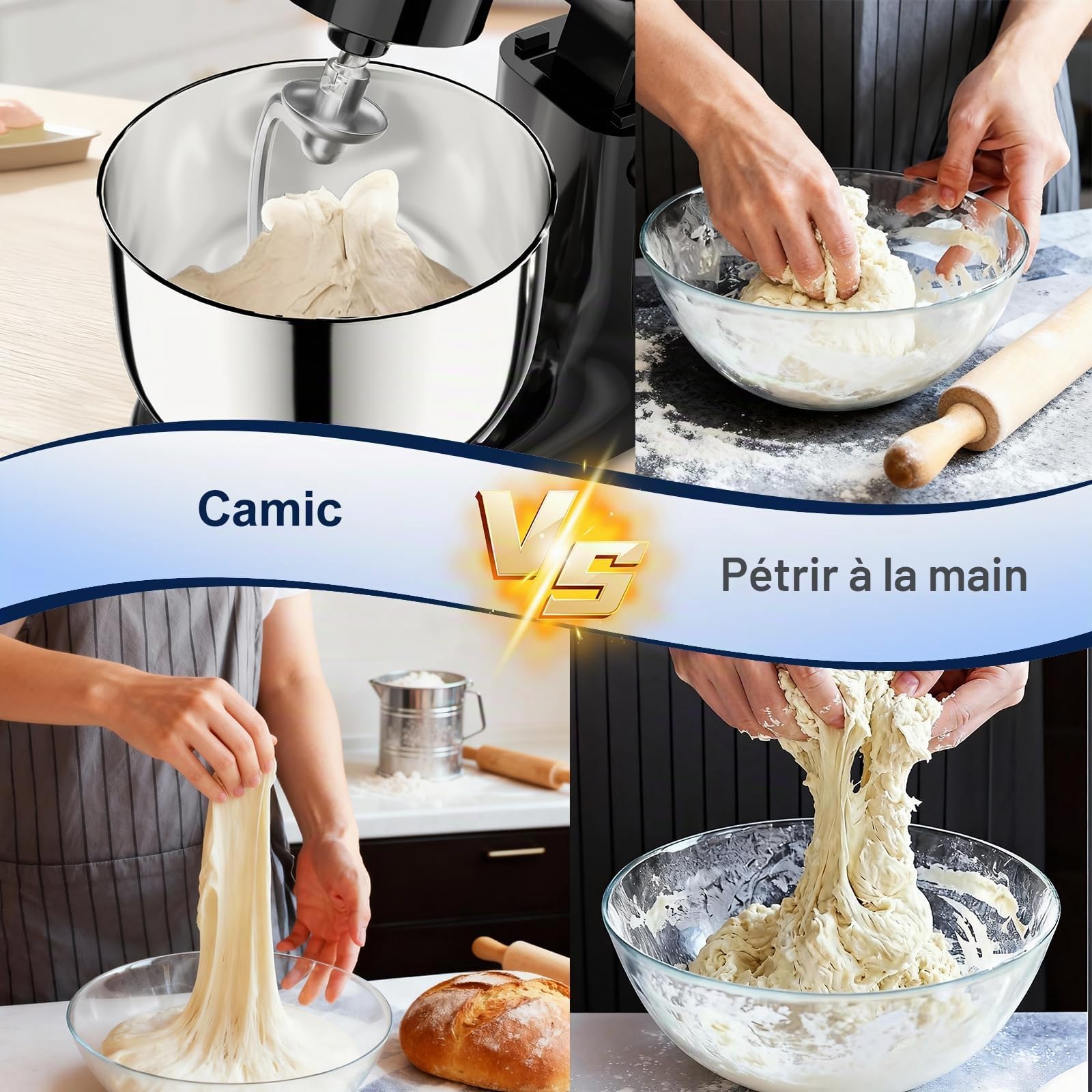 Camic Robot Pâtissier avec 3 Accessoires (Pétrissage, Mélange, Fouet), Robot Patissier avec écran LED, Minuterie, 10 Vitesses, 2 Bols en Acier Inoxydable (4 L + 5 L), pour Pâte, Pain, Pizza, Pâteaux