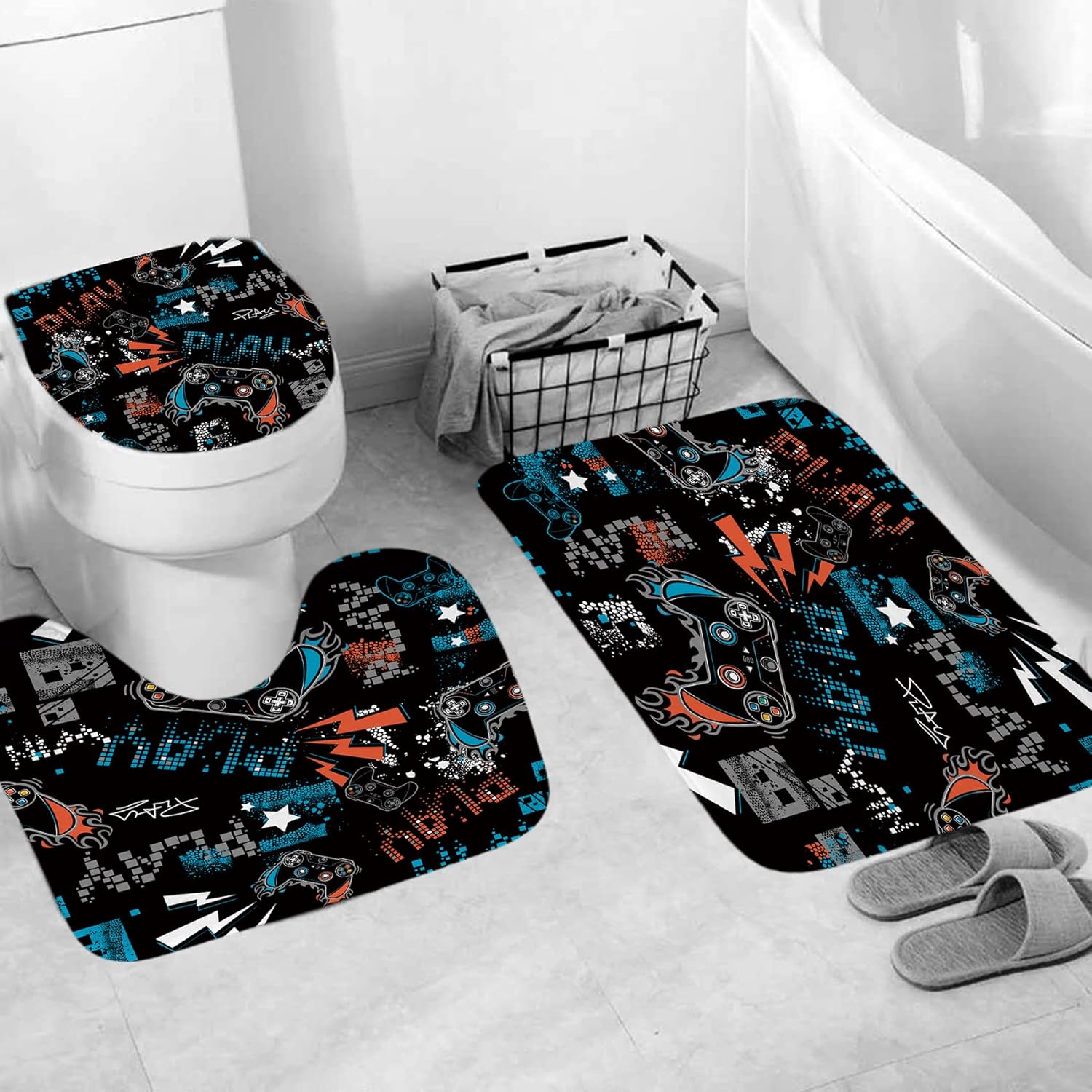 NORBEY 4 Pcs Play Game Shower Curtain Set, Classic Videogames Controller Bath Curtain with Anti-Slip Mat Toilet Cover Carpet Set and 12 Hooks, Black Comic Style Bathroom Decor Set 72 x 72 Inch