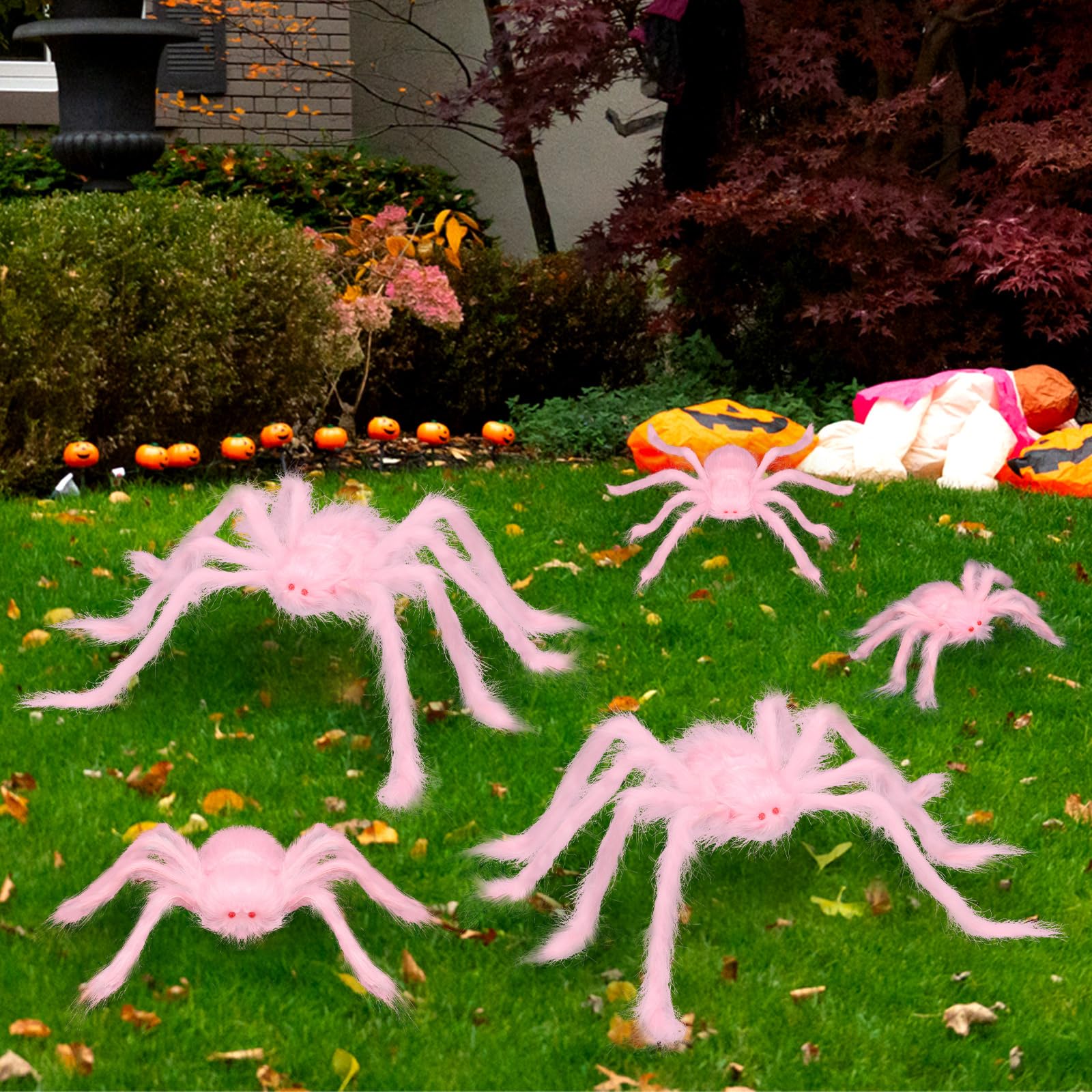 VioraWhite 5 Pcs Halloween Pink Spider Decorations Realistic Soft Hairy Giant Scary Araneid Set Fake Large Spider Props for Halloween Window Wall and Yard Outdoor Decor
