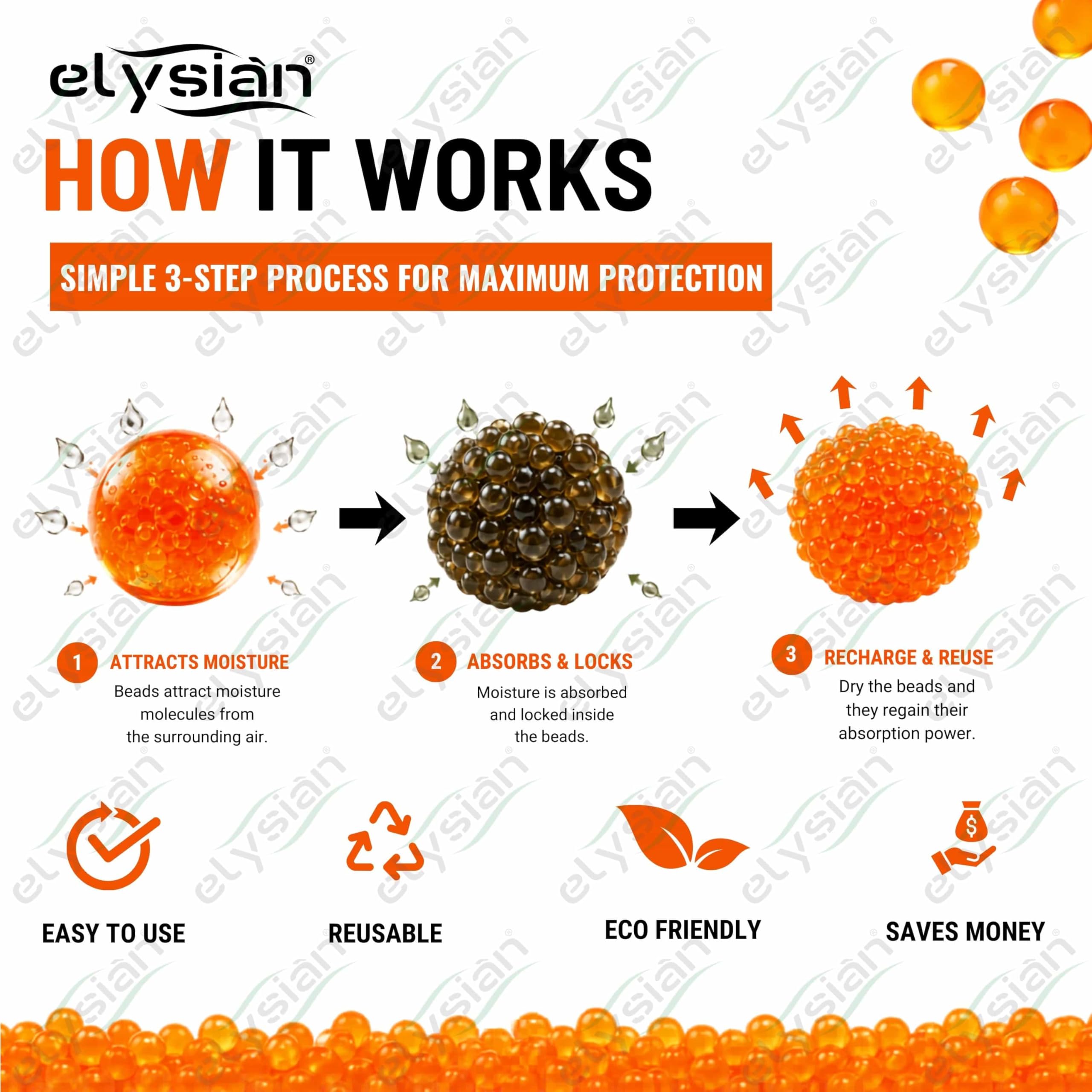 Elysian 2-4mm Orange Silica Gel Beads – Desiccant & Moisture Absorber for Tools, Storage, Electronics – Reusable Indicating – 100GM Pack 4
