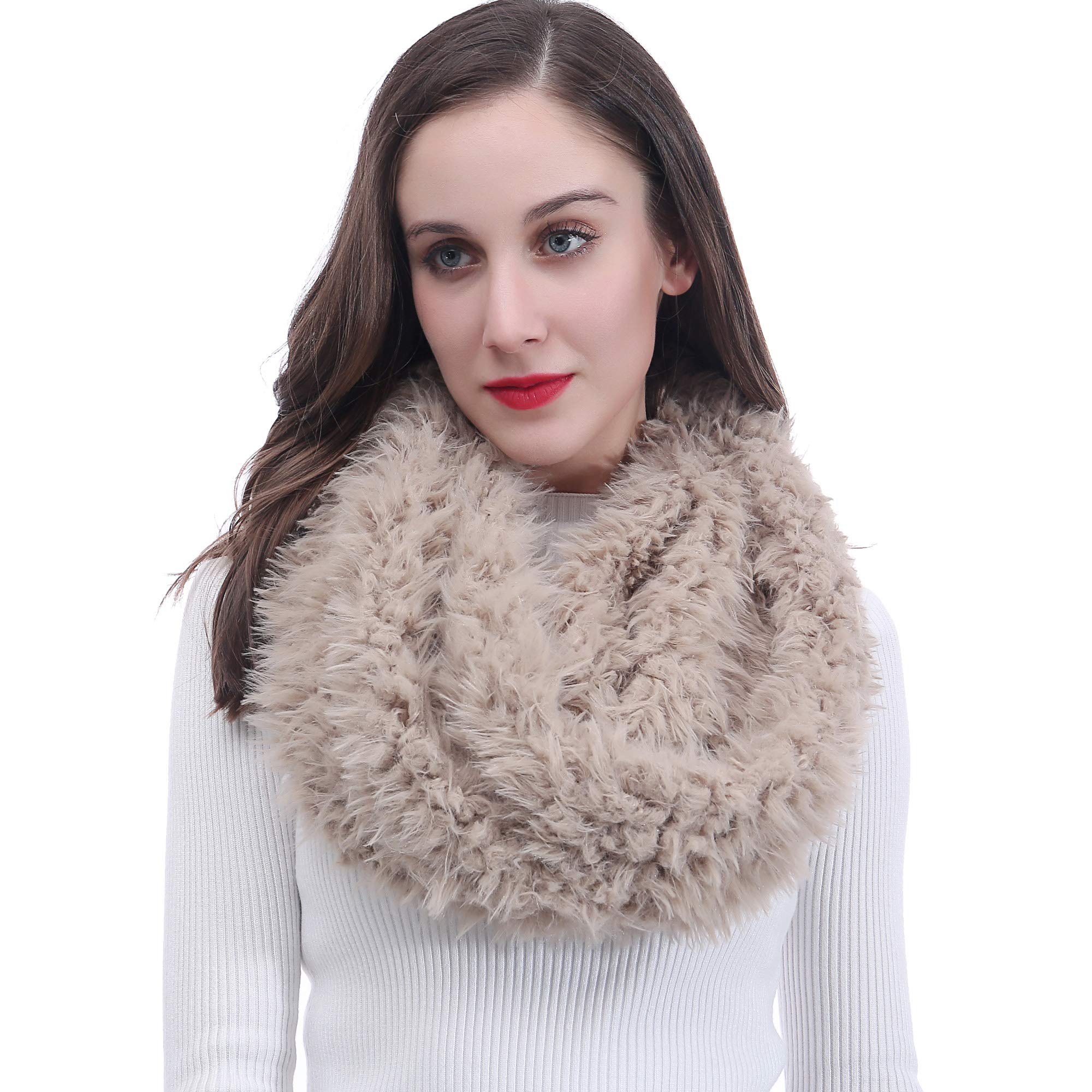 Lina & Lily Womens Infinity Tube Winter Scarf Snood Faux Fur Fluffy (Khaki)