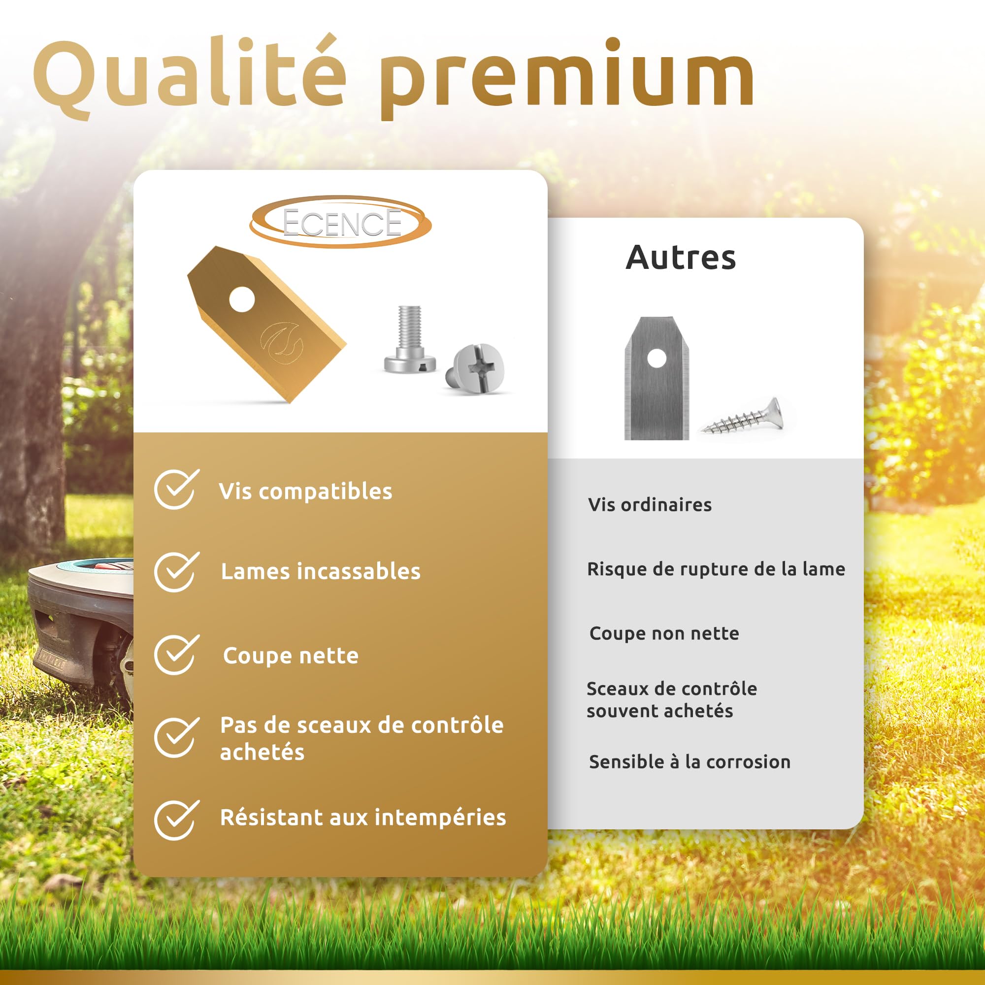 ECENCE 60 Lames Robot Tondeuse avec revêtement en Titane, vis incluses - compatibles avec Husqvarna Automower, Gardena, McCulloch Rob, Flymo, Yardforce, Lames de Rechange