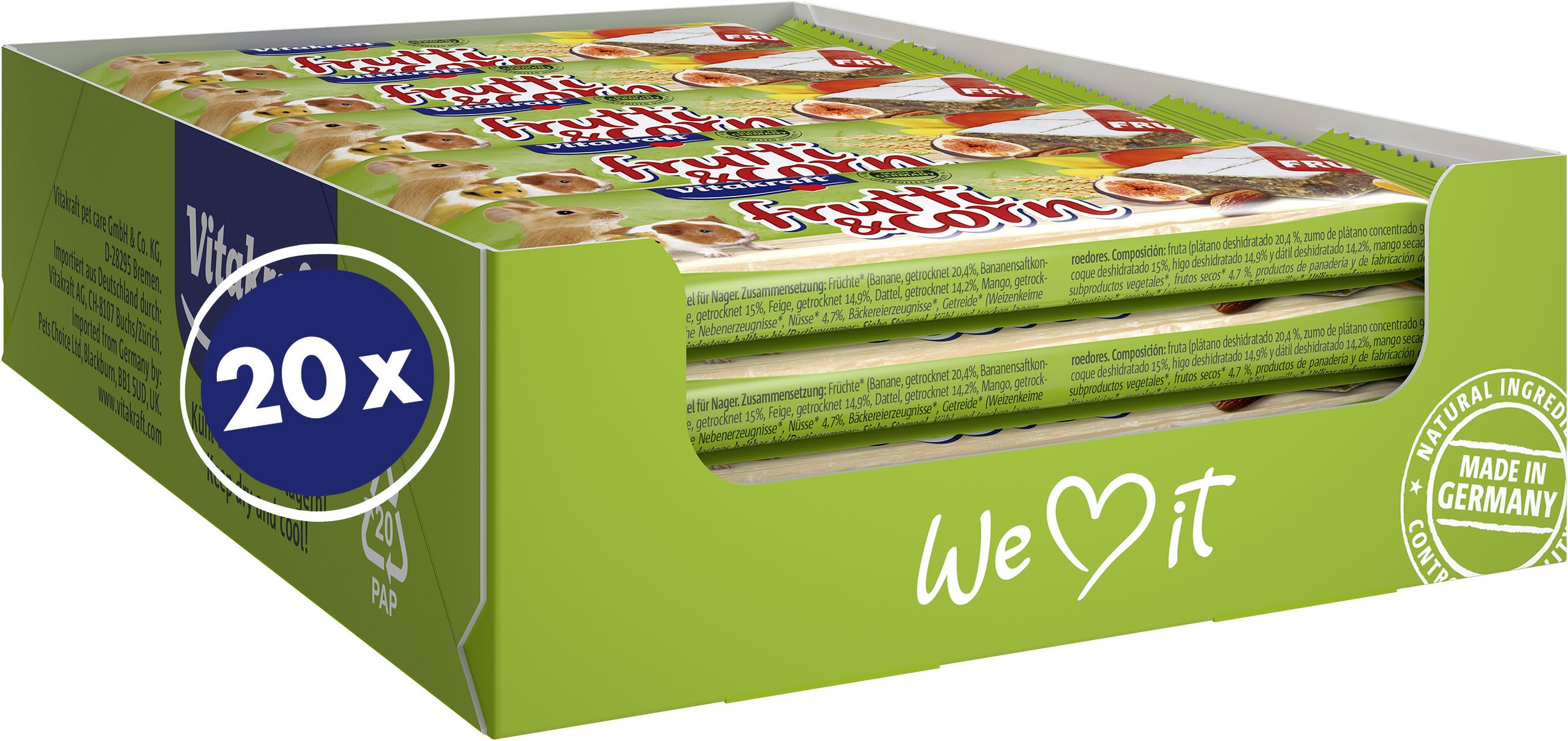 Vitakraft Frutti Corn, Fruchtschnitte für Nager, mit Banane, mit Feige, mit Datteln, portionierbar durch Bruchrillen, ohne Zusatz von Zucker und Getreide (20x 30g)