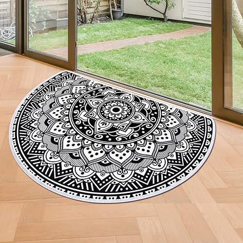 Tapete medio redondo bohemio para puerta de exterior, color blanco y negro, antideslizante, tapete de entrada de bienvenida, tapete de bajo perfil