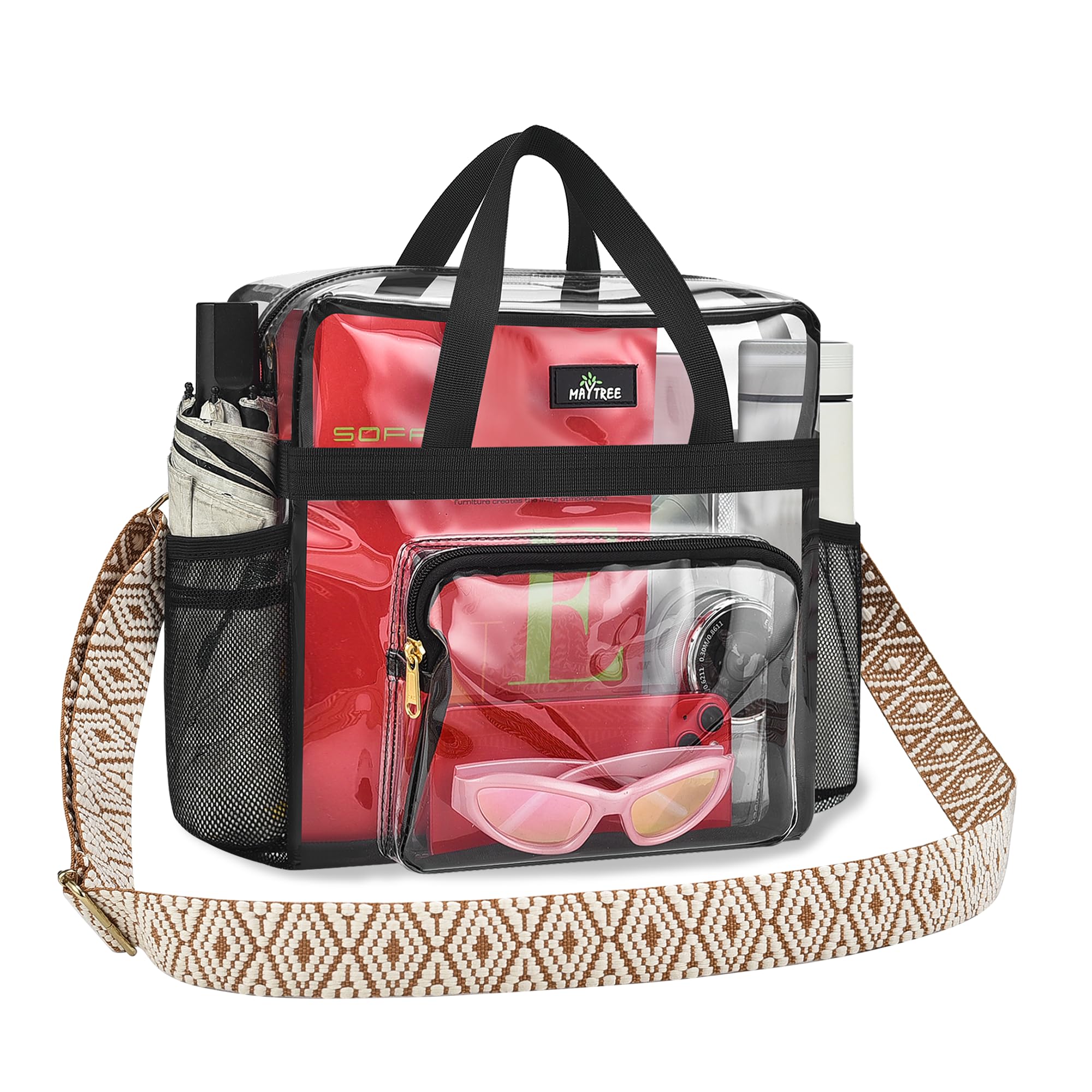 MAY TREE Clear Bag for Stadium Events, 12x6x12 Clear Tote Bag with Removable Strap, Transparent Bag for Concert Sports Festival, Beige Cube-Strap