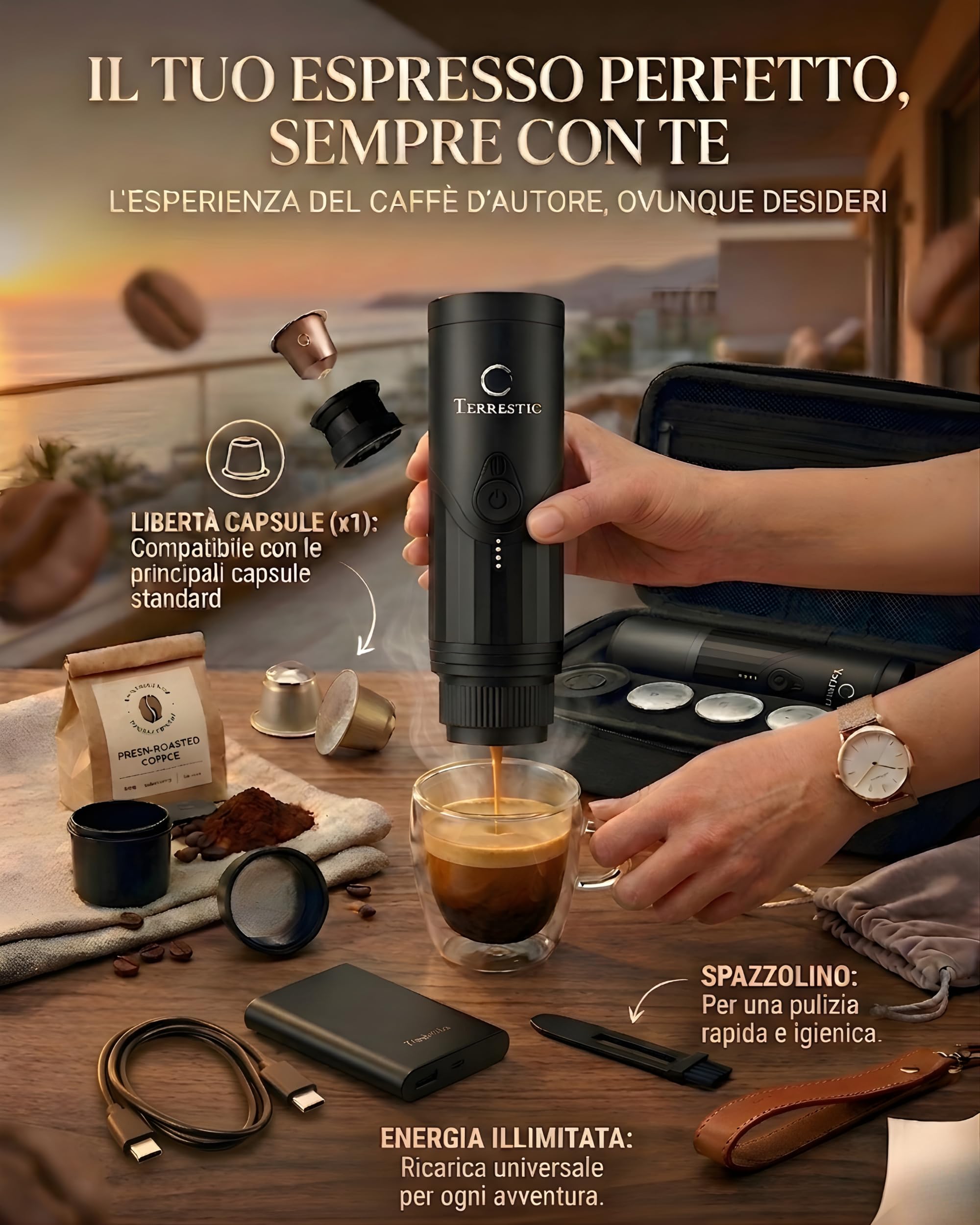 Macchina Caffe Portatile 80 Ml, Caffettiera Portatile, Macchinetta Caffè da Viaggio Ricaricabile USB, Compatibile con Polvere e Capsule Nespresso con Custodia Rigida