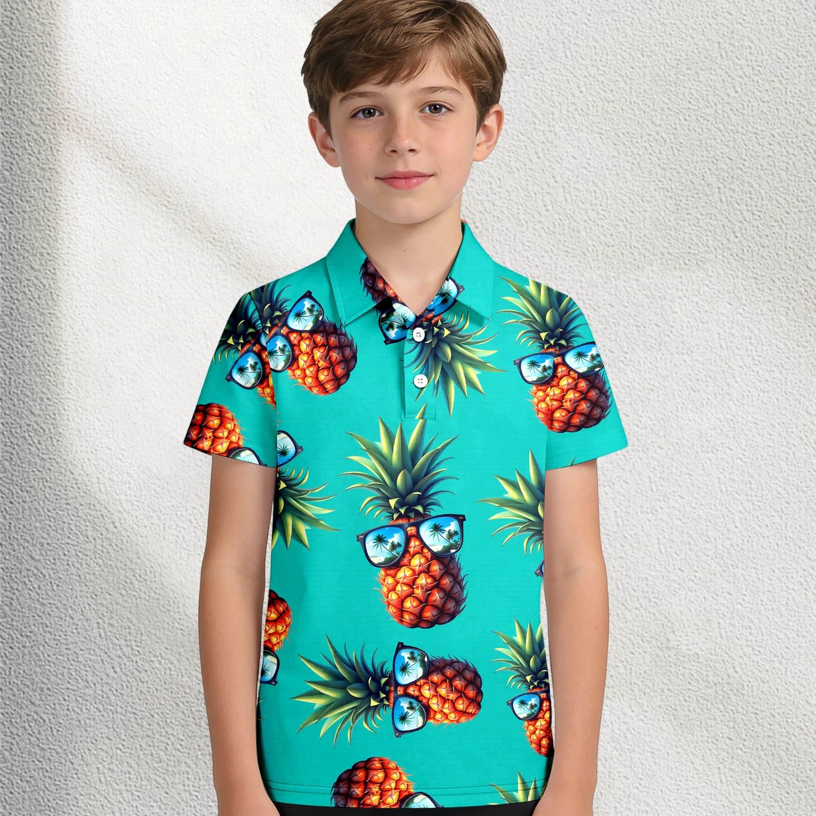 Camicia da Cerimonia Bambino - Camicia Ragazzo Maniche Corte Camicia Casual Elegante per con Stampa Ananas Colletto E Design Abbottonato per Adolescenti