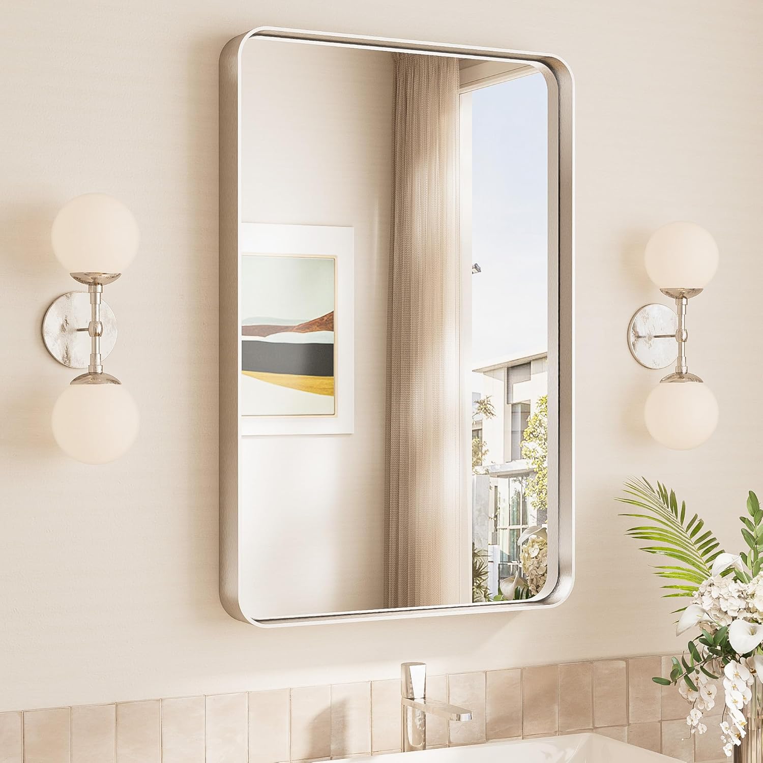 TokeShimi 20x30 Brushed Nickel Bathroom Wall Mirror Vanity Metal Frame Round Corner Rectangular for Home Decor Living Room Entryway (Horizontal/Vertical) 20"L x 30"W Rectangle Brushed Nickel