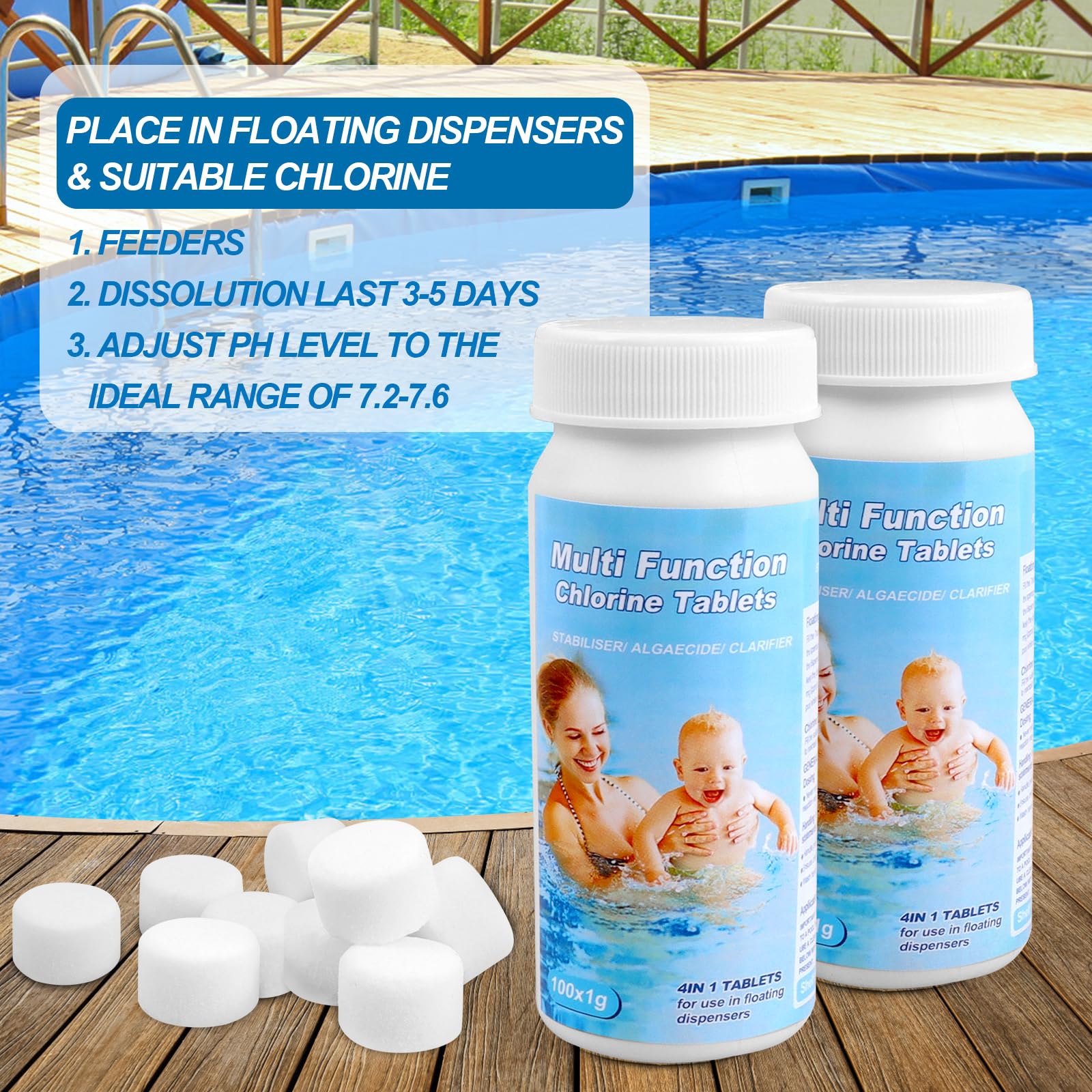 200 Pcs Pool Reinigungstabletten, 5 in 1 Multitabs für Pool, Wassertank, Whirlpool, Spa (A1)