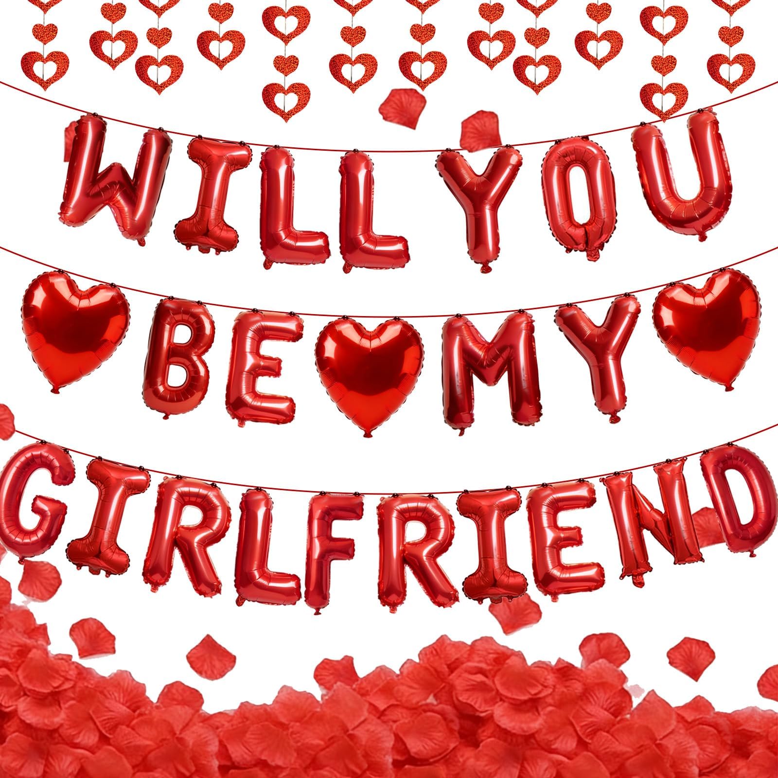 - Red Will You Be My Girlfriend Balloons Decor Kit - 21pcs Letters, 10pcs 18" Hearts, 50pcs Heart Hanging Streamer, 1200pcs Rose Petals for Valentine's Day Proposal Decorations