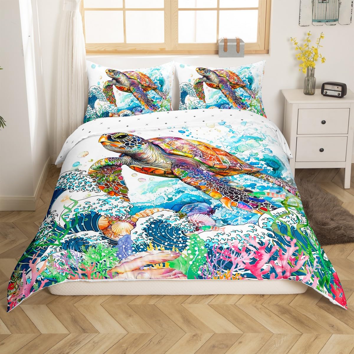 jejeloiu Sea Turtle Duvet Cover Toddler Ocean Wave Bedding Set Kids Boys Girls Reptile Tortoise Animal Comforter Cover Set Summer Ocean Sea Marine Creature Sealife Bedspread Cover?No Comforter