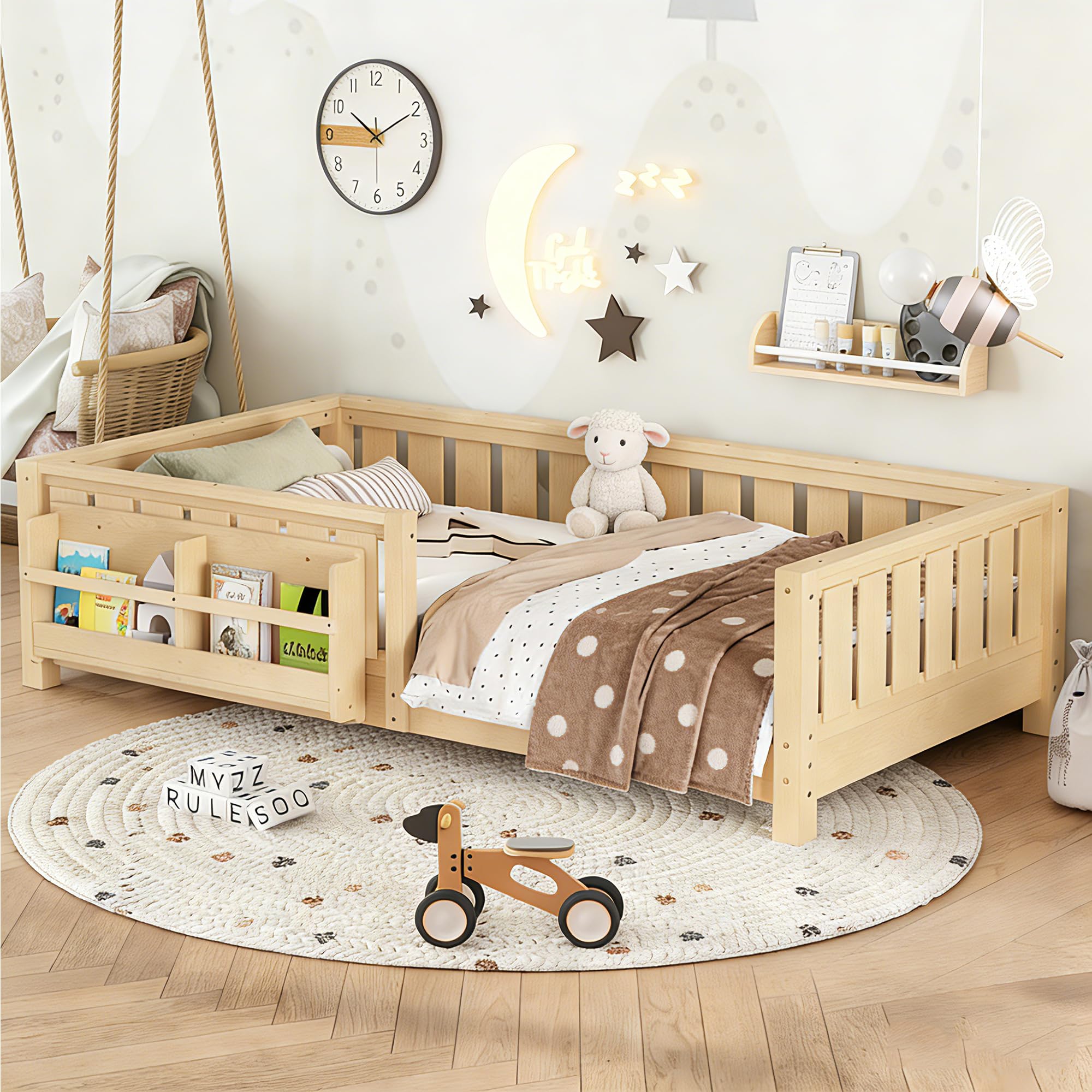 Bellemave Twin Size Kids Montessori Floor Bed Frame with Bookshelf and Guardrail,Solid Wood Floor Bed Frame with Slats for Girls Boys,Low-Profile,
