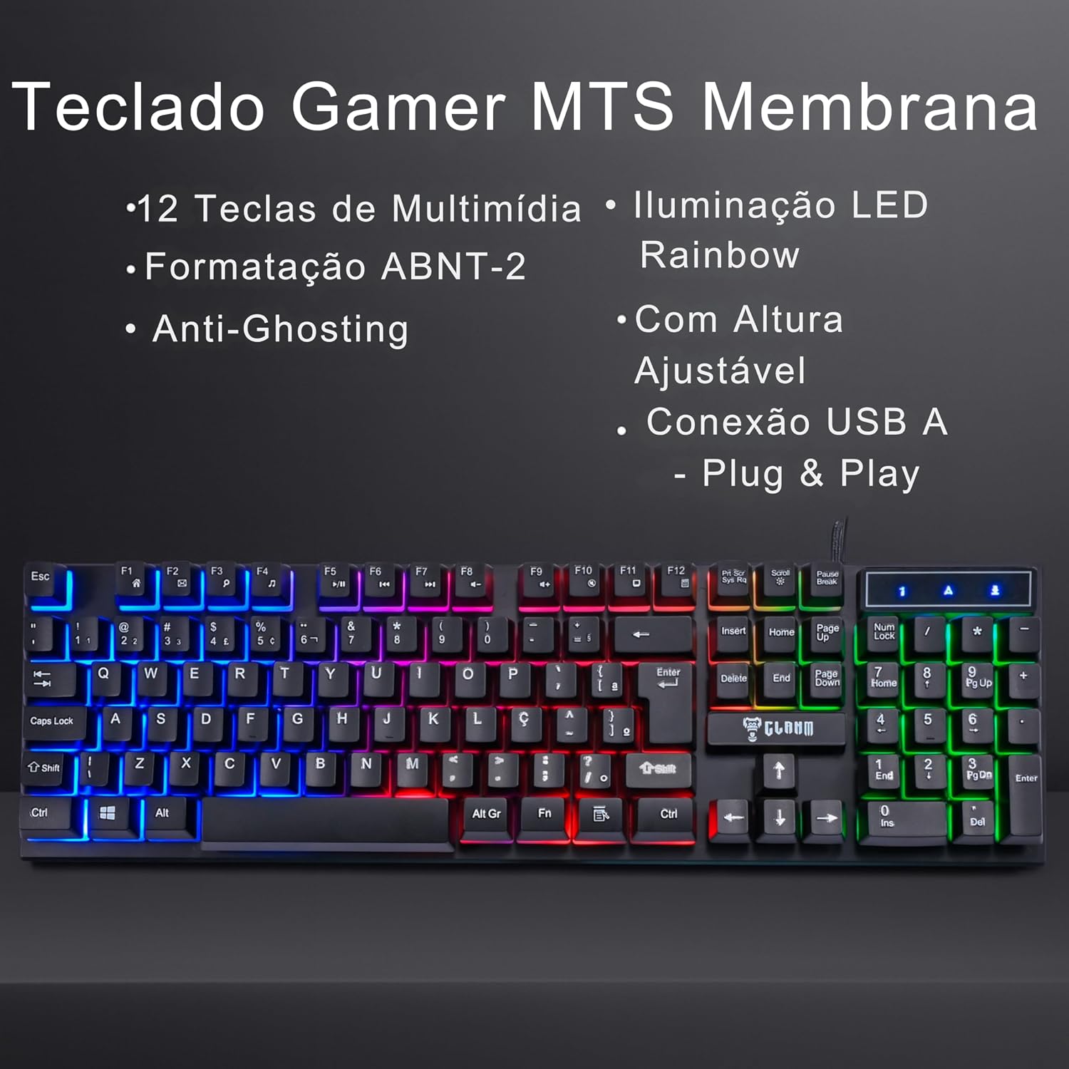 Teclado Gamer RGB LED Rainbow MTS • Membrana • Anti-Ghosting • ABNT-2 • USB-A • Multimídia FN 12 Teclas • Ideal para Jogos e Digitação • Setup Gamer • Elegante • Premium