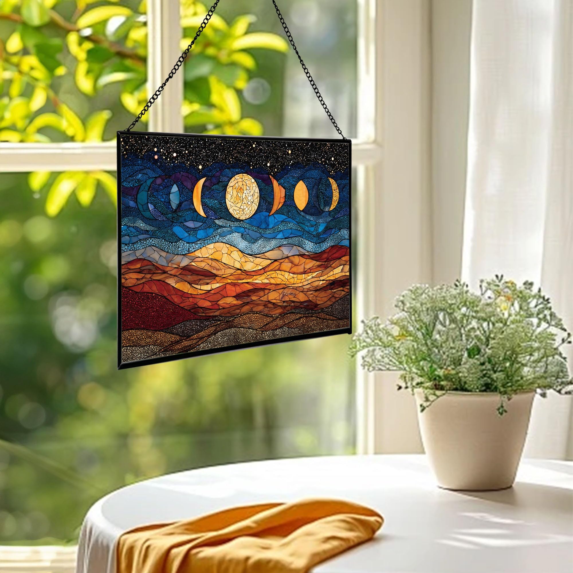Moon Phases Over Desert Dunes Rectangular Stained Glass Suncatcher – Hanging Window Panel with Animal & Nature Scene – Vibrant Glass Art Gift for Wildlife, Fantasy, Nature Lovers UR4lnS