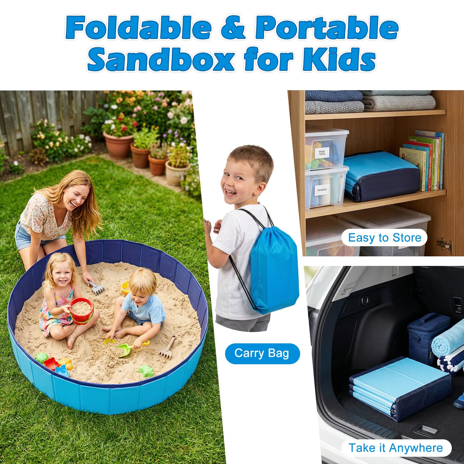 Faltbarer Sandkasten für Kinder, groß, 121,9 x 121,9 cm, Sandkasten-Spielzeug für Kinder im Alter von 3–8 Jahren, tragbarer Outdoor- und Indoor-Sandkasten für Hinterhof, Balkon, Strand, Camping