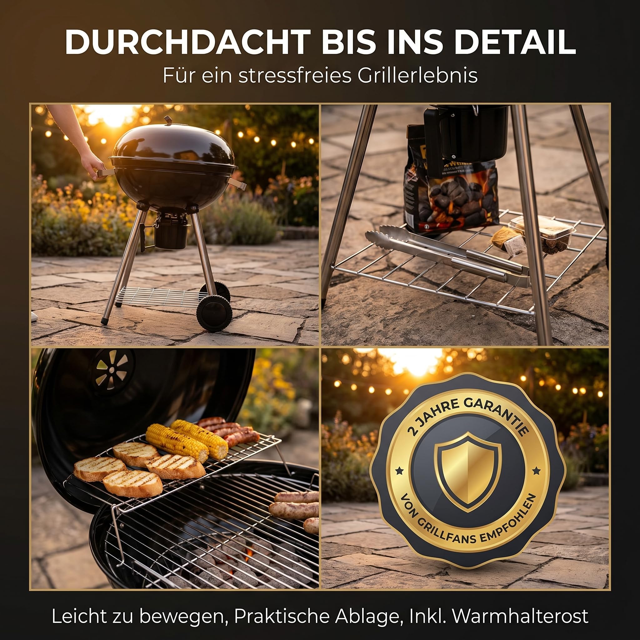 Kugelgrill 54 cm Holzkohlegrill mit Deckel & Thermo-Luftregulierung – Große Grillfläche Ø54 cm – Mobiler BBQ Grill mit Aschebehälter & Ablage – Holzkohle Standgrill für Garten & Terrasse