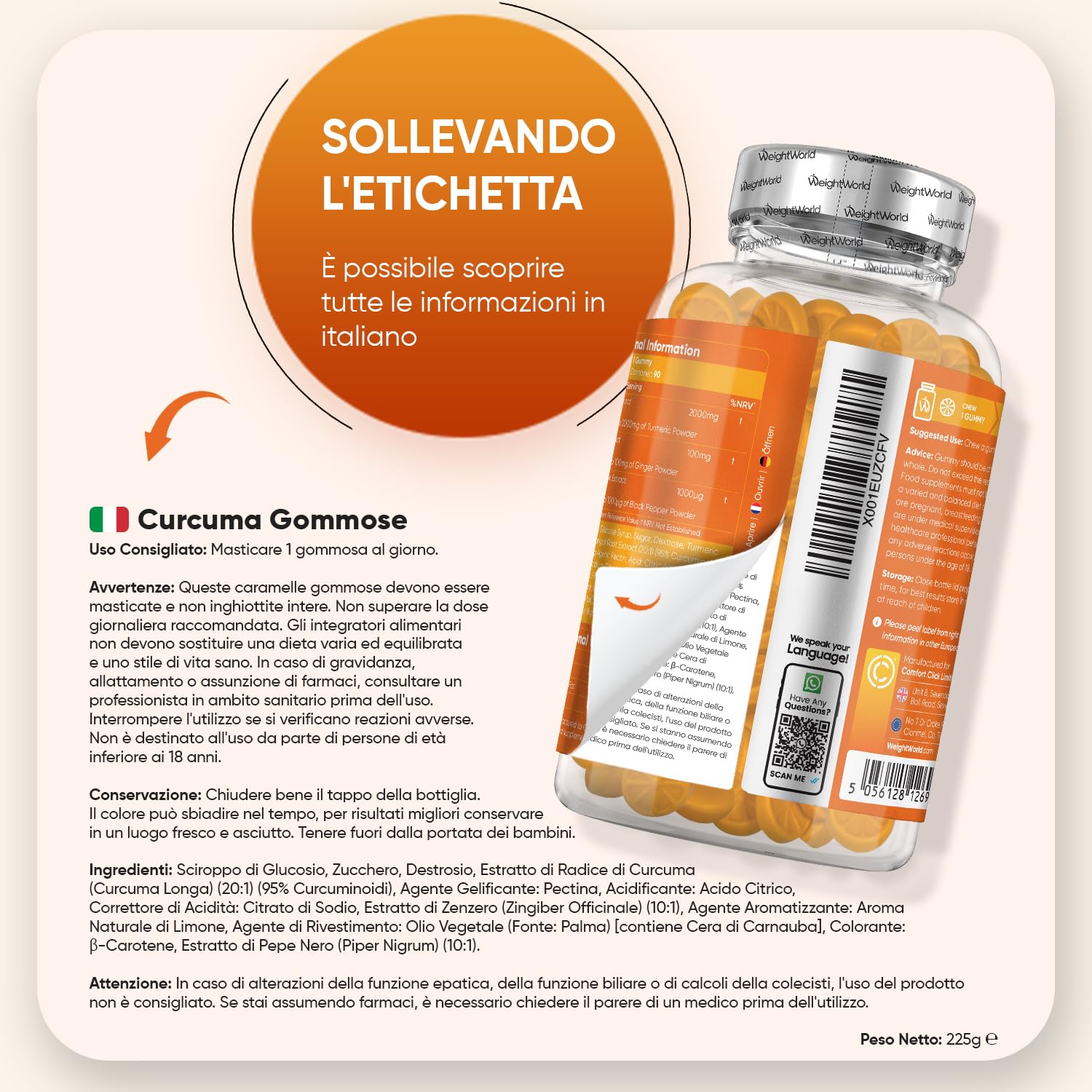 Curcuma Piperina Zenzero, 90 Gommose Vegane, 1 al Giorno (per 3 Mesi), 2100mg per Gommosa, 95% di Curcuminoidi, Curcuma Longa con Zenzero e Pepe Nero, Aroma Naturale di Limone, Senza Glutine né OGM