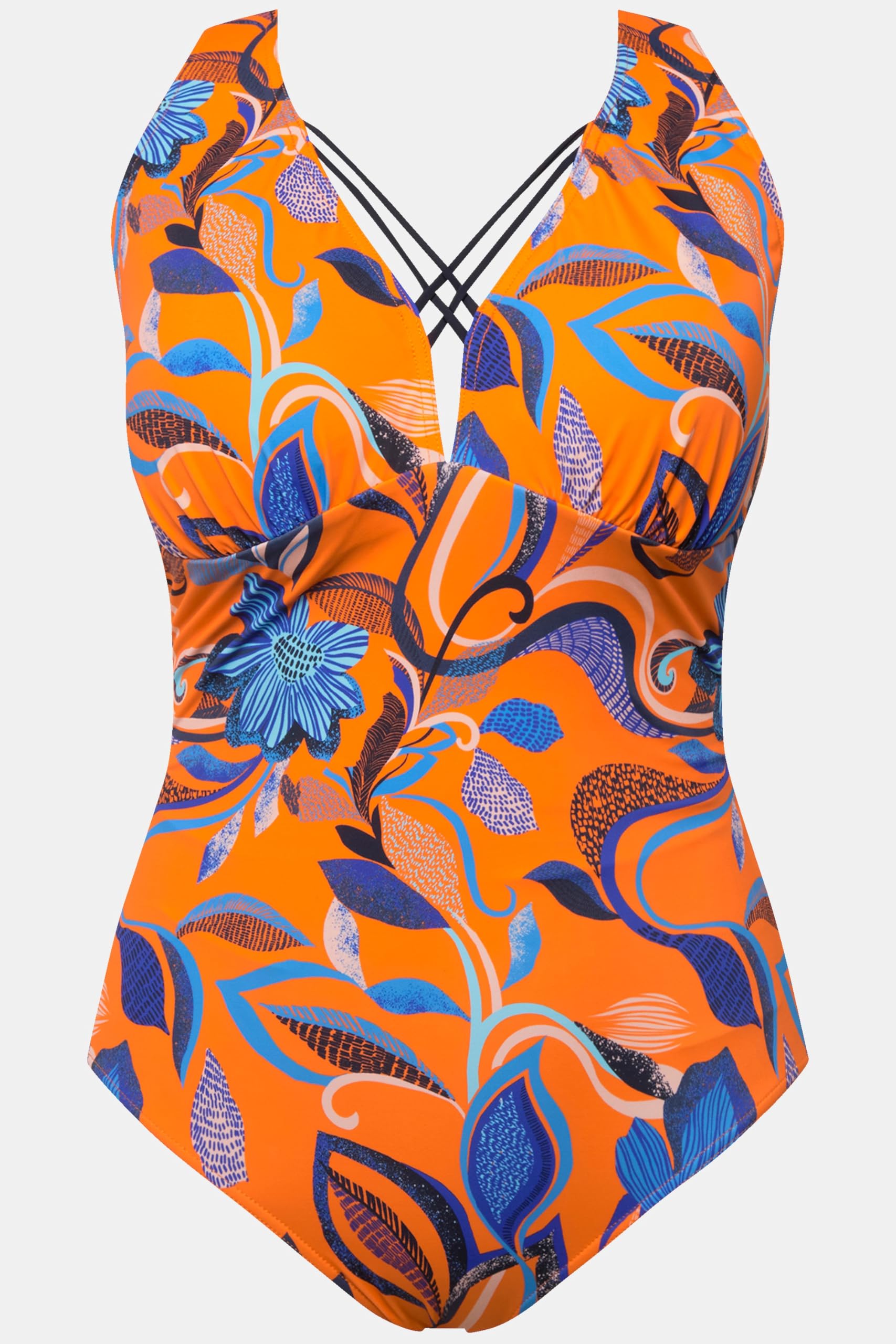Ulla Popken Femme Grandes Tailles Maillot de Bain à Fleurs, Rubans Fantaisie et Bonnets Souples Orange Vif 62 827172658-60