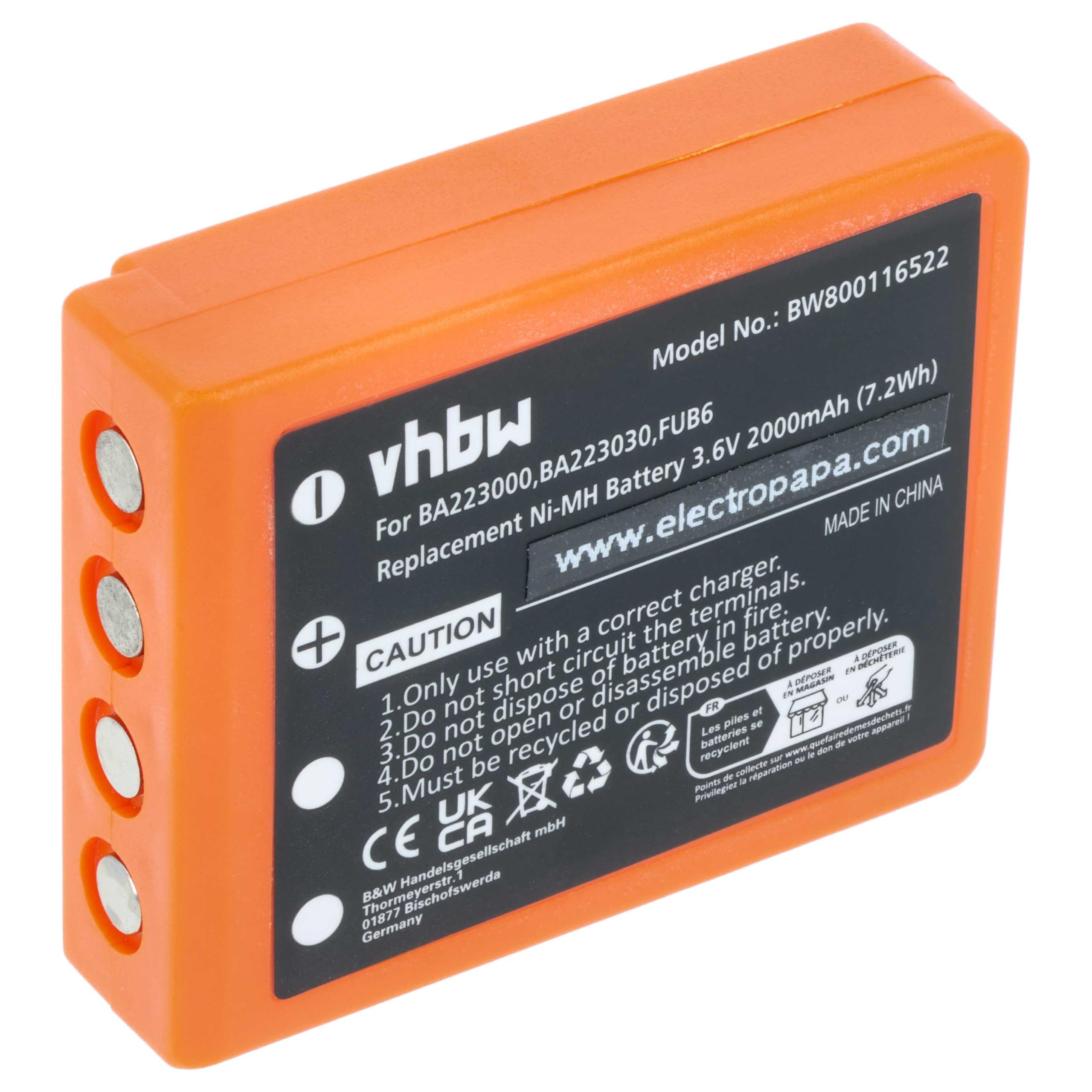 vhbw Battery Replacement for HBC BA223030, BA223031, BA223001 for Industrial Radio Remote Control (2000 mAh, 3.6 V, NiMH)