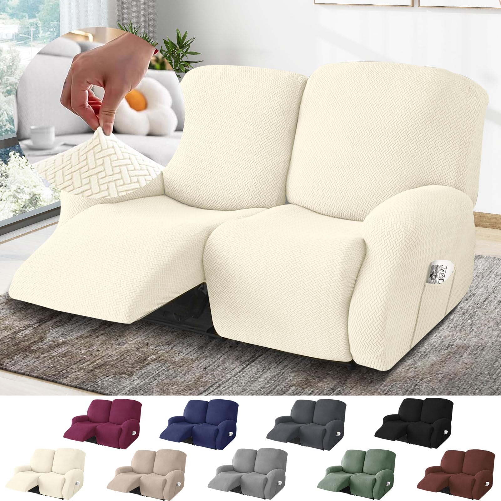 Funda Sofa Relax Reclinable 2 Plazas, Funda Sofa Relax con Bolsillos, Fundas Elástica de Jacquard a Rayas Diseño Todo Incluido para Sofa Reclinable (Beige, 6-Piezas)