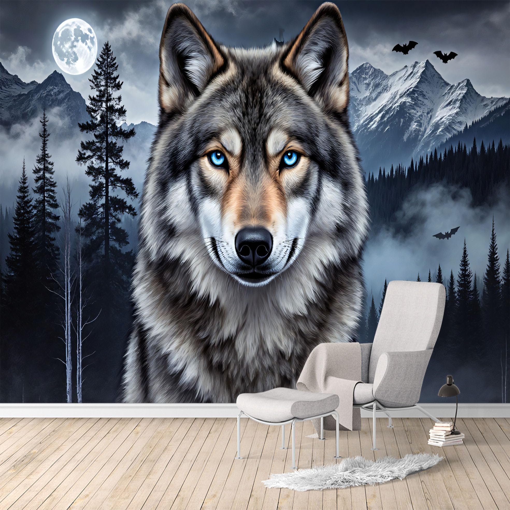 Custom Size Wall Murals, Blue Eyed Wolf Moonlight Forest Mountain Landscape, SelfAdhesive Water Activated Removable Wall Covering, Large Photo Wallpaper for Living Room Bedroom Office