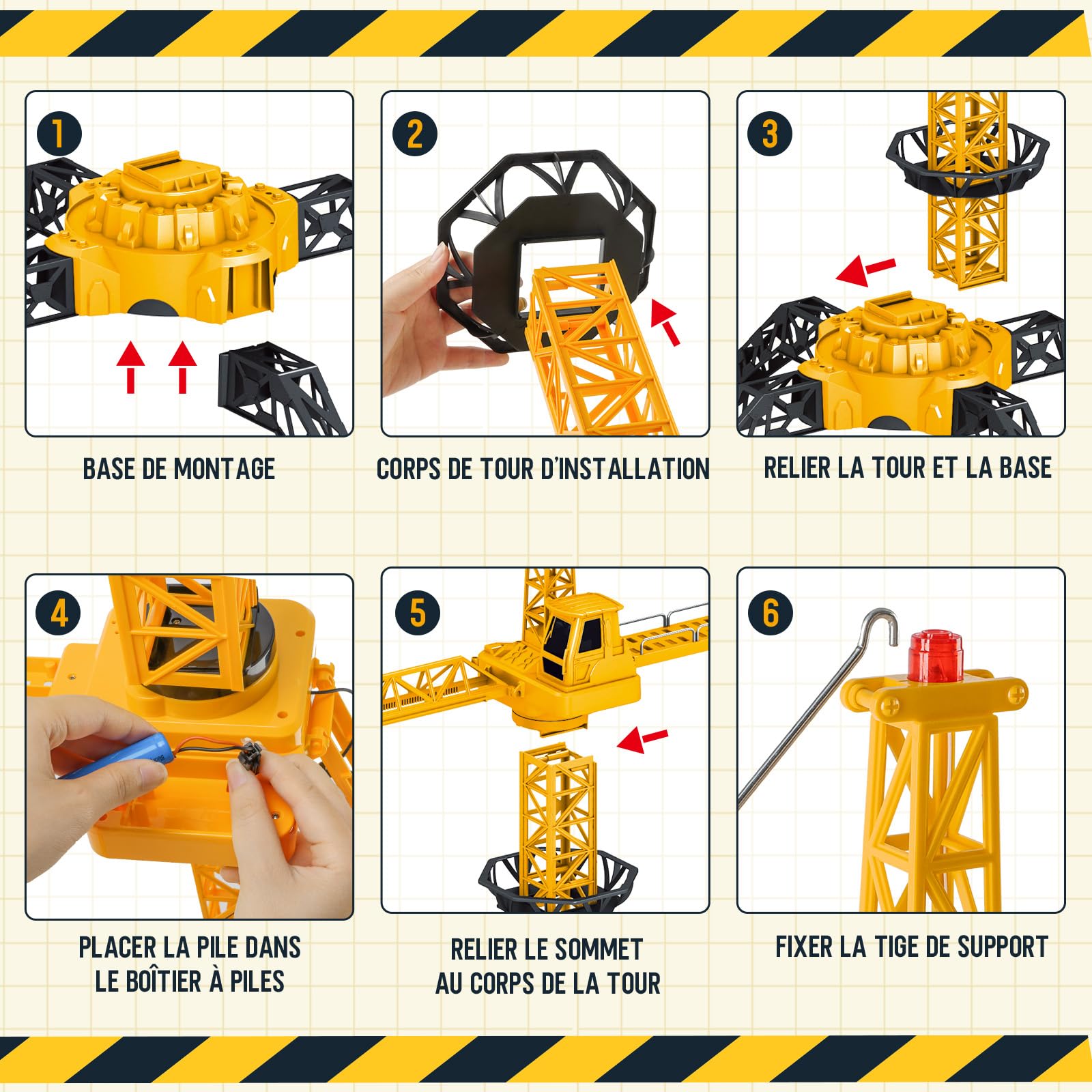 JONRRYIN Grue à Tour Télécommandée de Hauteur 138 cm, 6 Canaux 2,4 GHz RC Grue à Tour 680° Rotation, Jeu de Chantier Enfant avec Lumières pour Enfants Garçon (Jaune)
