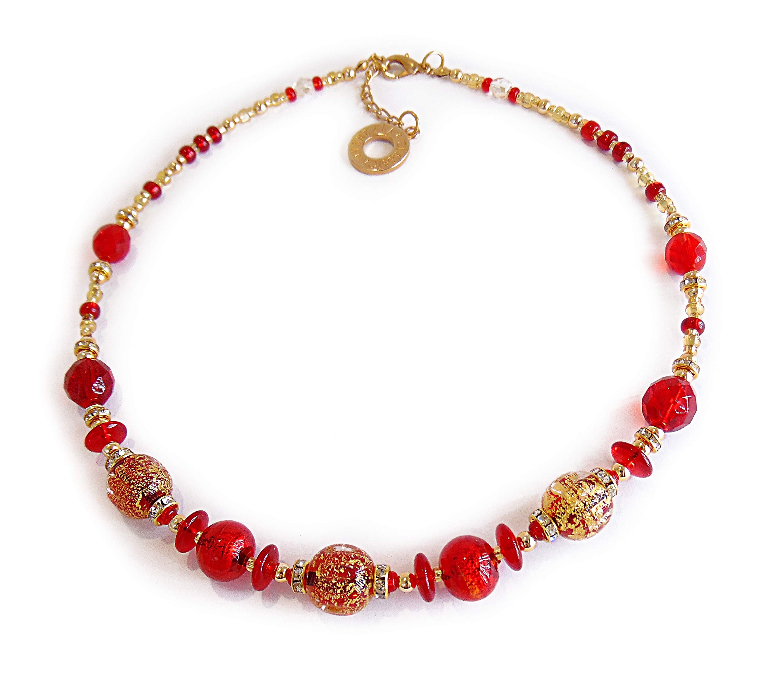 VENEZIA CLASSICA - Collana da Donna girocollo con perle in Vetro di Murano Originale, Collezione Diana, rosso con foglia in oro 24kt, Made in Italy certificato