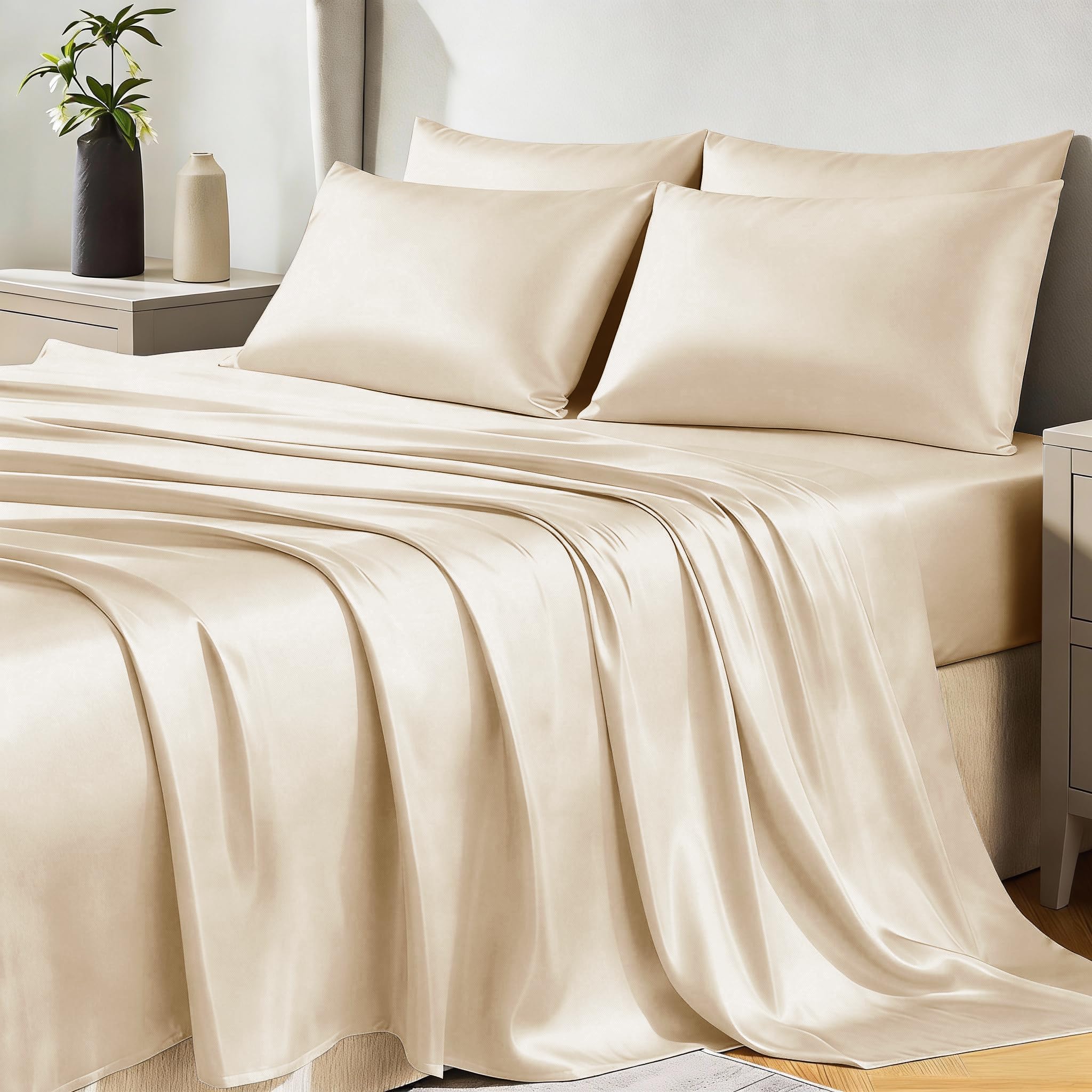 CozyLux Satin Sheets Queen Size Bed Set - 4 Piece Silky Queen Sheet Set, Luxury Sheets with Smooth and Soft Microfiber, Includes 1 Fitted Sheet, 1 Flat Sheet and 2 Pillowcases