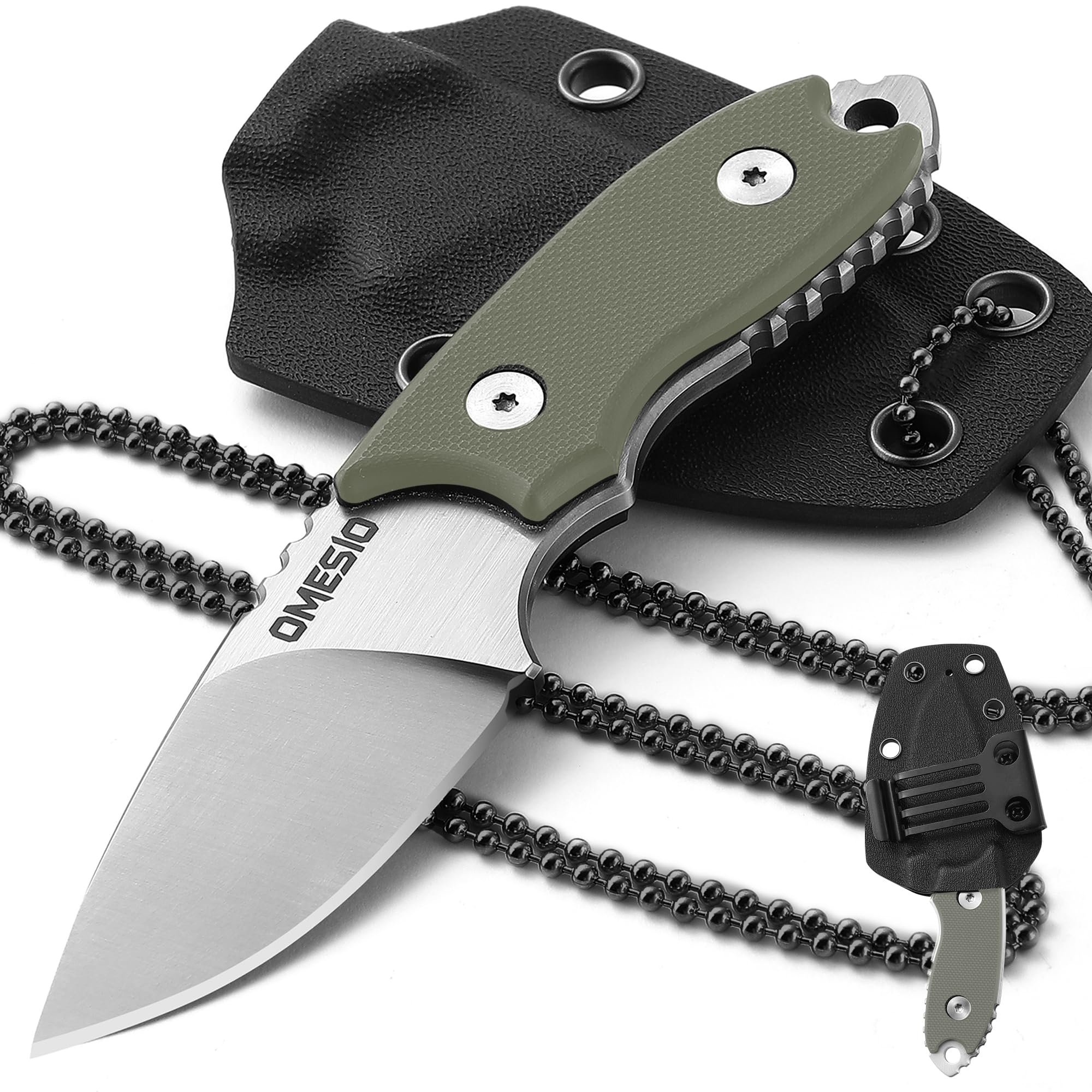 Omesio Small Fixed Blad Knife, Neck Knife, 5.43 inch Neck Knife with Sheath and Necklace Full Tang with Clip D2 Steel 2.17-Inch Blade G10 Handle for Outdoor, Camping（White Blade + Green Handle）